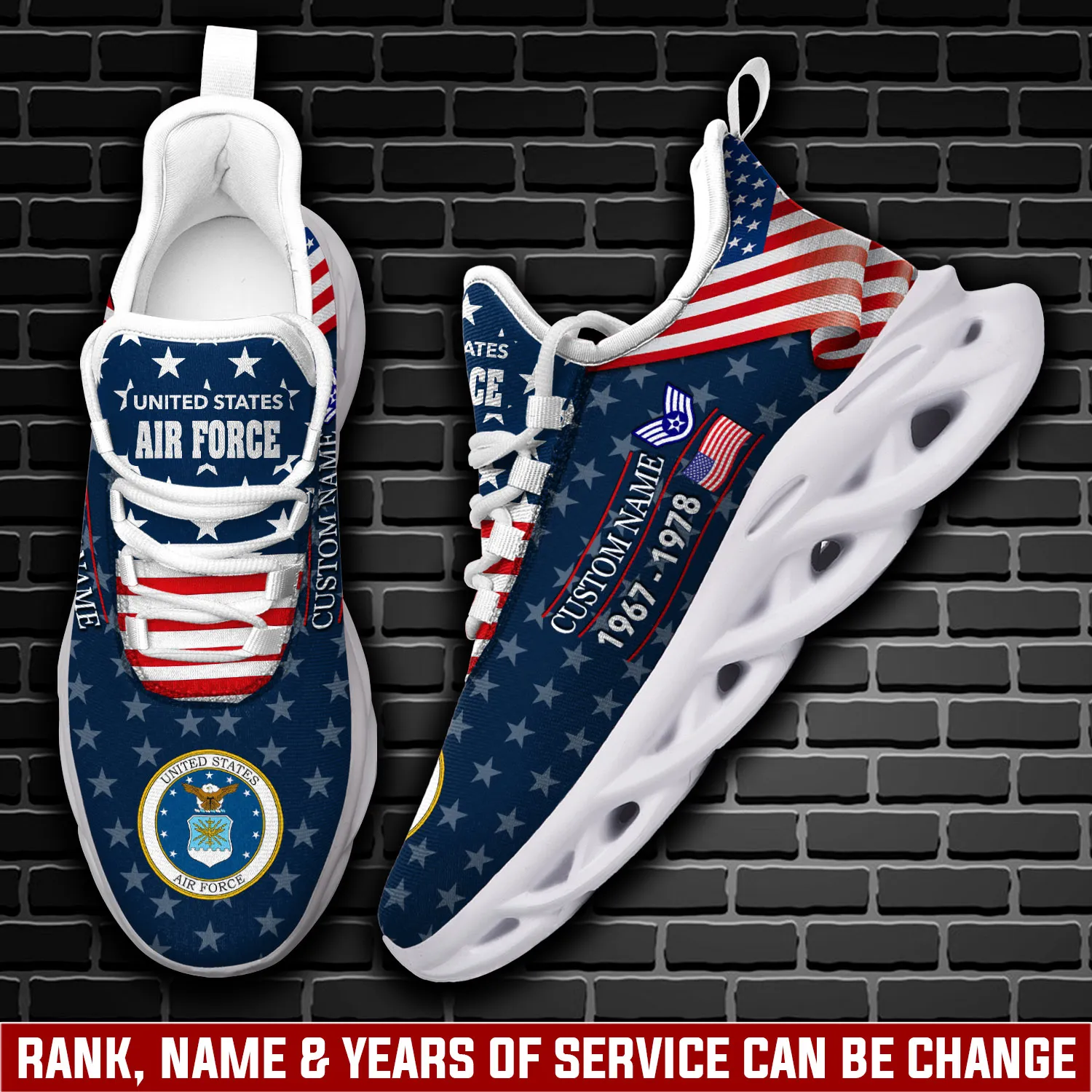 Personalized US Air Force Max Soul Shoes, Custom Name Rank and Years of Service, Stars and Stripes Air Force Veteran Sneakers