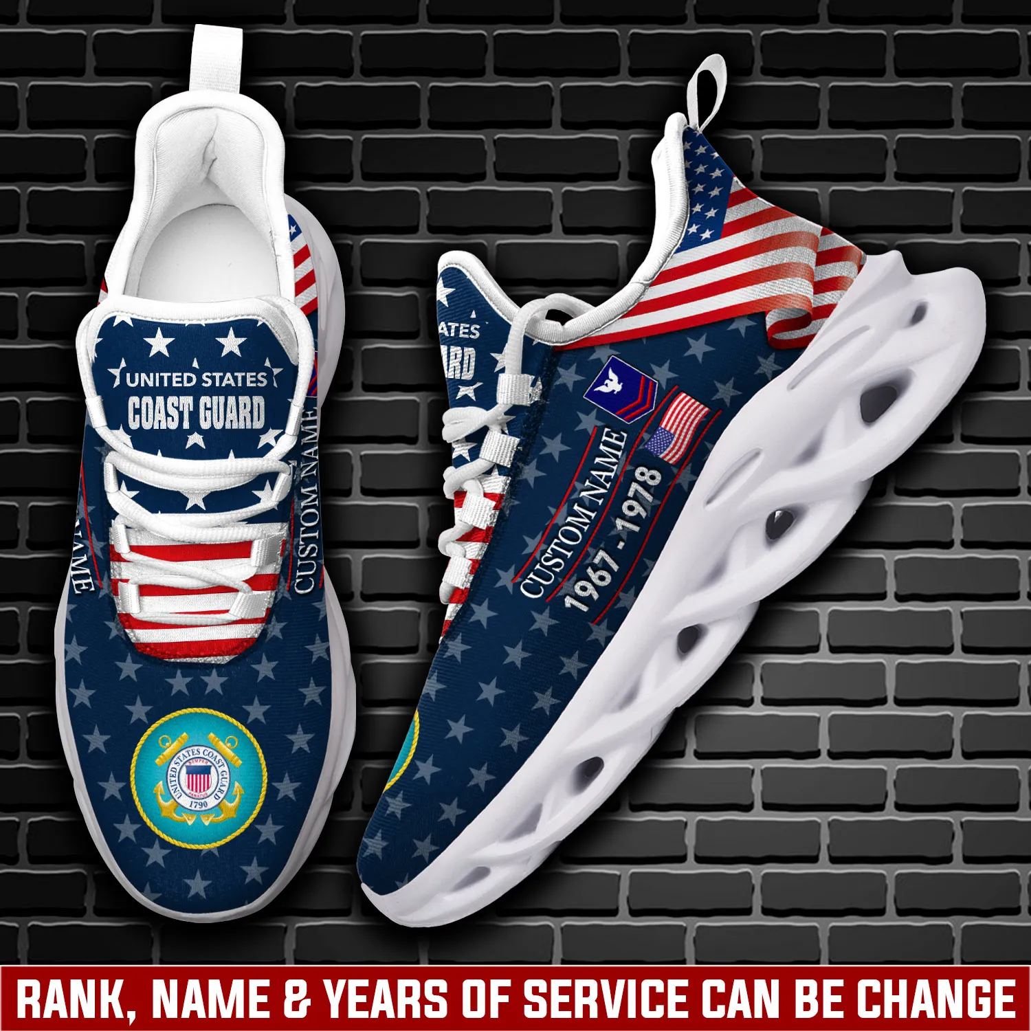 Personalized US Coast Guard Max Soul Shoes, Custom Name Rating Rank and Years, American Flag Coast Guard Veteran Sneakers, Gift