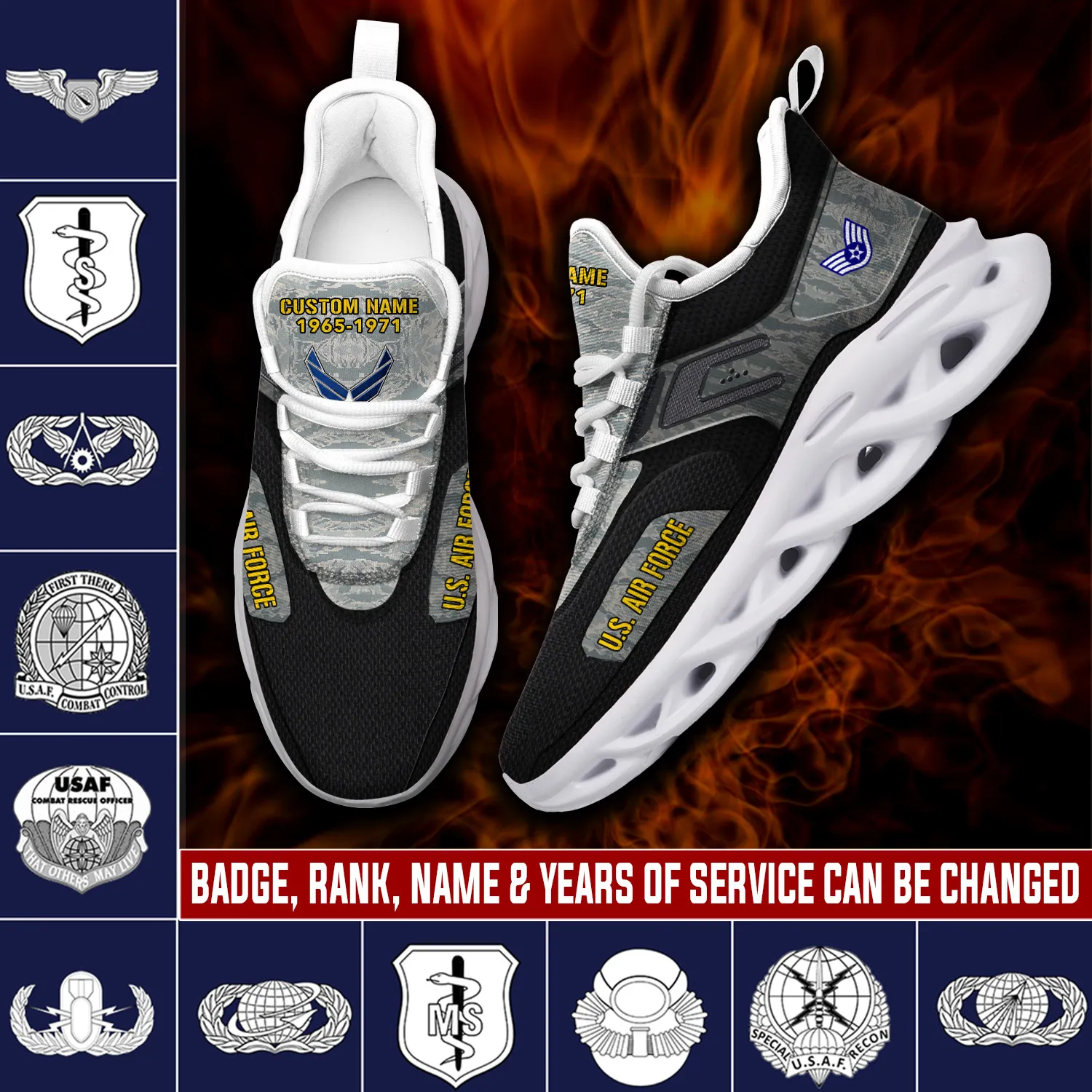 US Air Force Badge Max Soul Shoes, Aim High Fly-Fight-Win, Personalized Name, Rank and Years of Service, Veteran Sneakers for Airmen