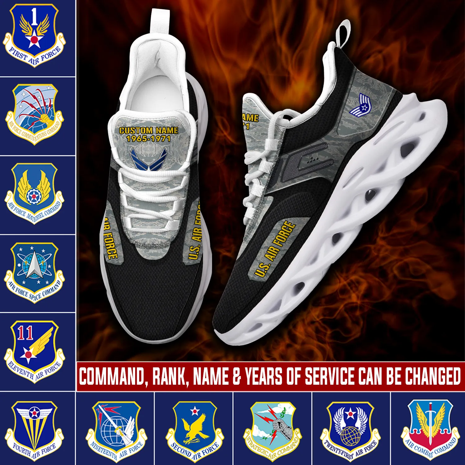 US Air Force Command, Duty, Honor, Country Personalized Max Soul Shoes, Custom Name, Rank and Years, Military Veteran Sneakers
