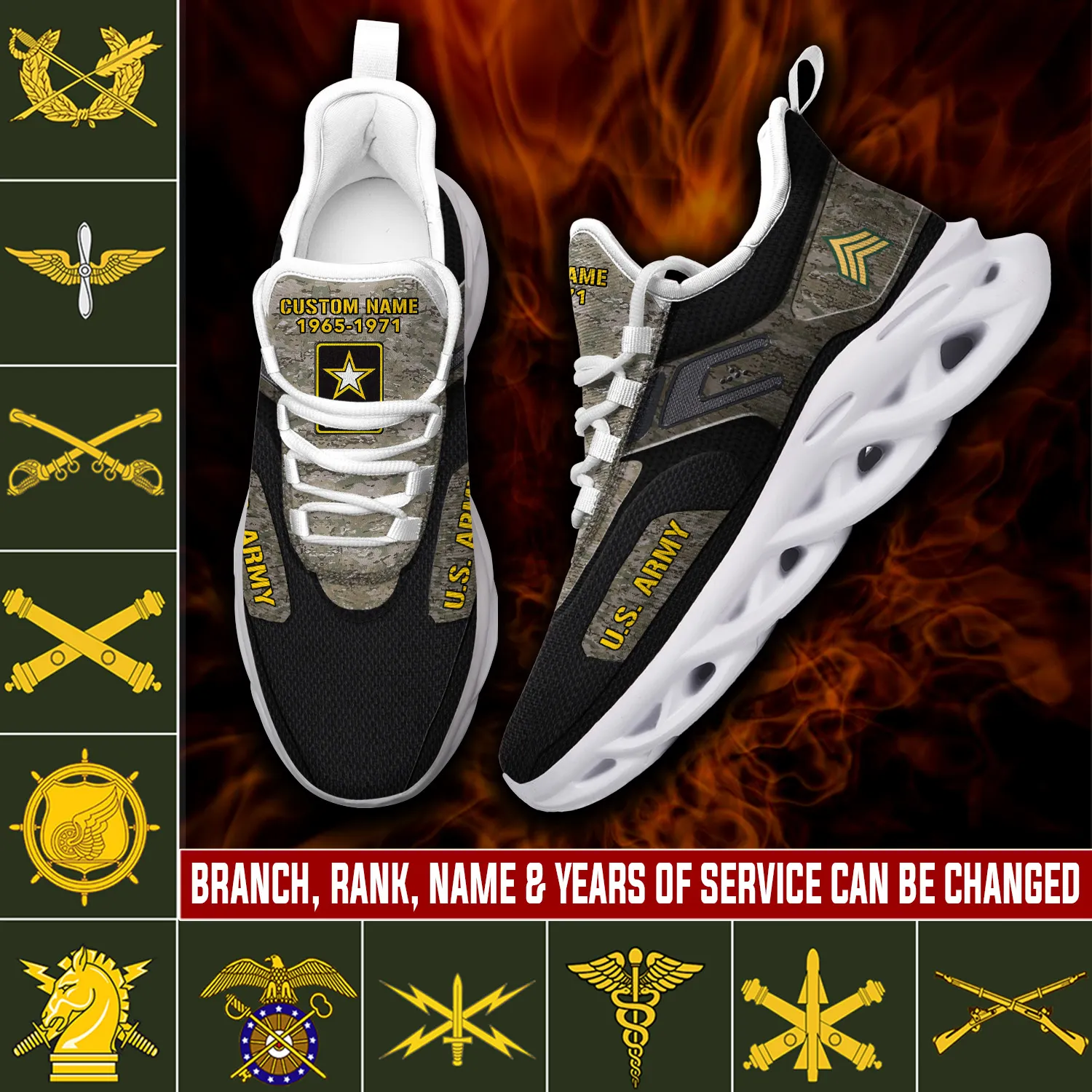 Army Branch W-4 Army Chief Warrant Officer 4 Max Soul Shoes, Personalized Insignia, Rank and Name Desert Camo Sneakers, Veteran Gift