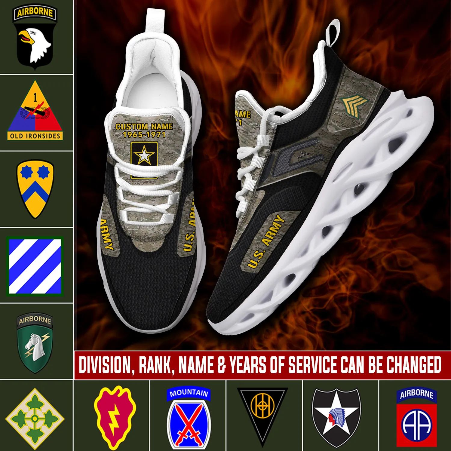 US Army Division W-4 Army Chief Warrant Officer 4 Personalized Max Soul Shoes, Custom Name and Years of Service, Veteran Sneakers
