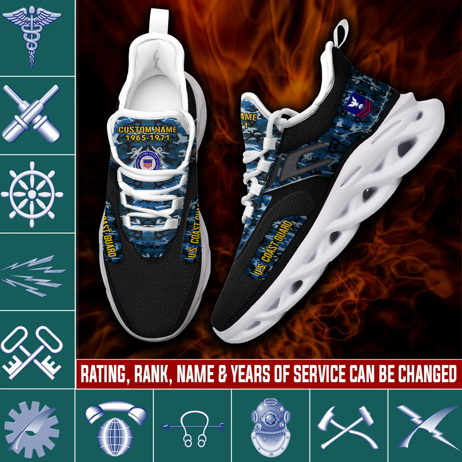 US Coast Guard Rating E-6 Red Max Soul Shoes, Personalized Name, Rank and Years of Service, Blue Camo Veteran Sneakers, Military Gift