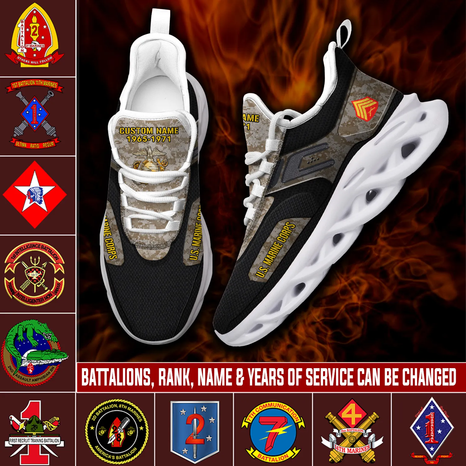 Marine Battalion W-3 Marines Chief Warrant Officer 3 Personalized Max Soul Shoes, Custom Name Battalion and Rank USMC Veteran Sneakers