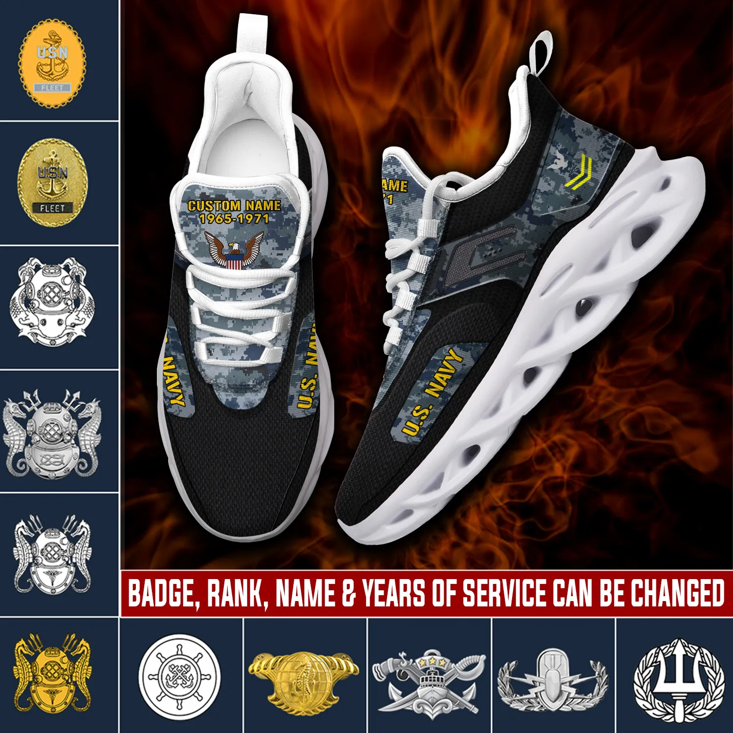 US Navy Badge E-2 Blue Max Soul Shoes, Personalized Rating, Rank, Name and Years of Service, Veteran Digital Camo Sneakers, Sailor Gift