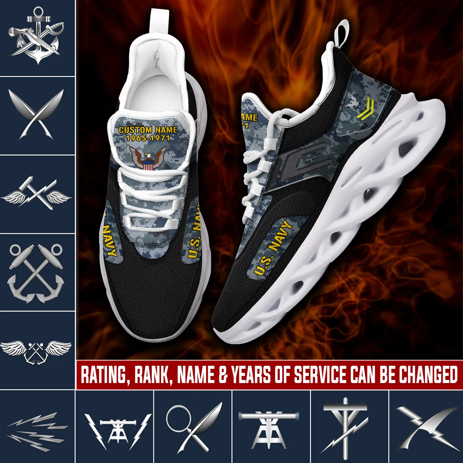 US Navy Rating E-3 Red Personalized Max Soul Shoes, Custom Name, Rank and Years of Service, Veteran Sneakers, Military Gift for Dad