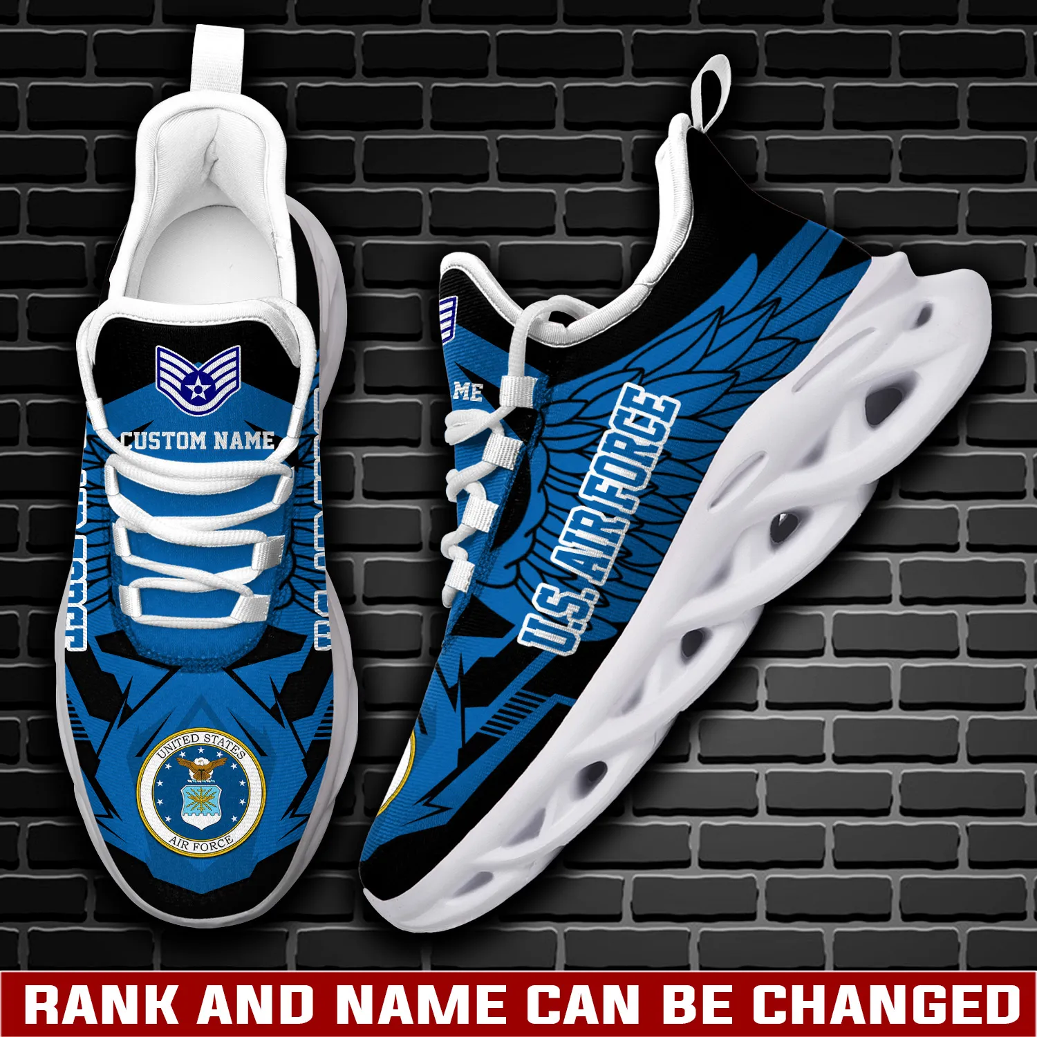 Personalized US Air Force No One Gets Left Behind Max Soul Shoes, Custom Name and Rank Airman Sneakers, Air Force Veteran Gift