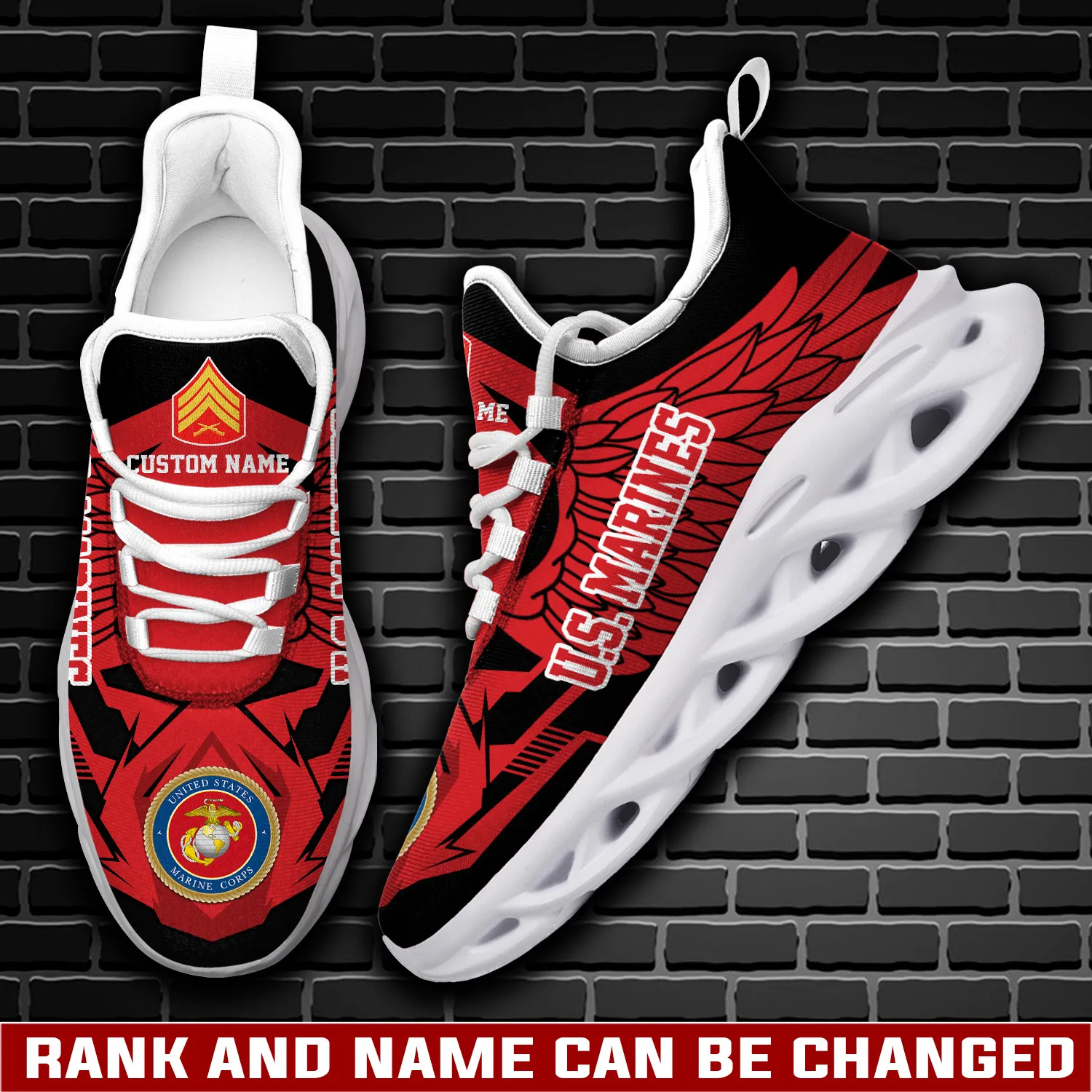 US Marine Corps E-8 First Sergeant Max Soul Shoes, Personalized Name and Rank, USMC Veteran Sneakers, Winged Lace-Up, Military Gift for Dad