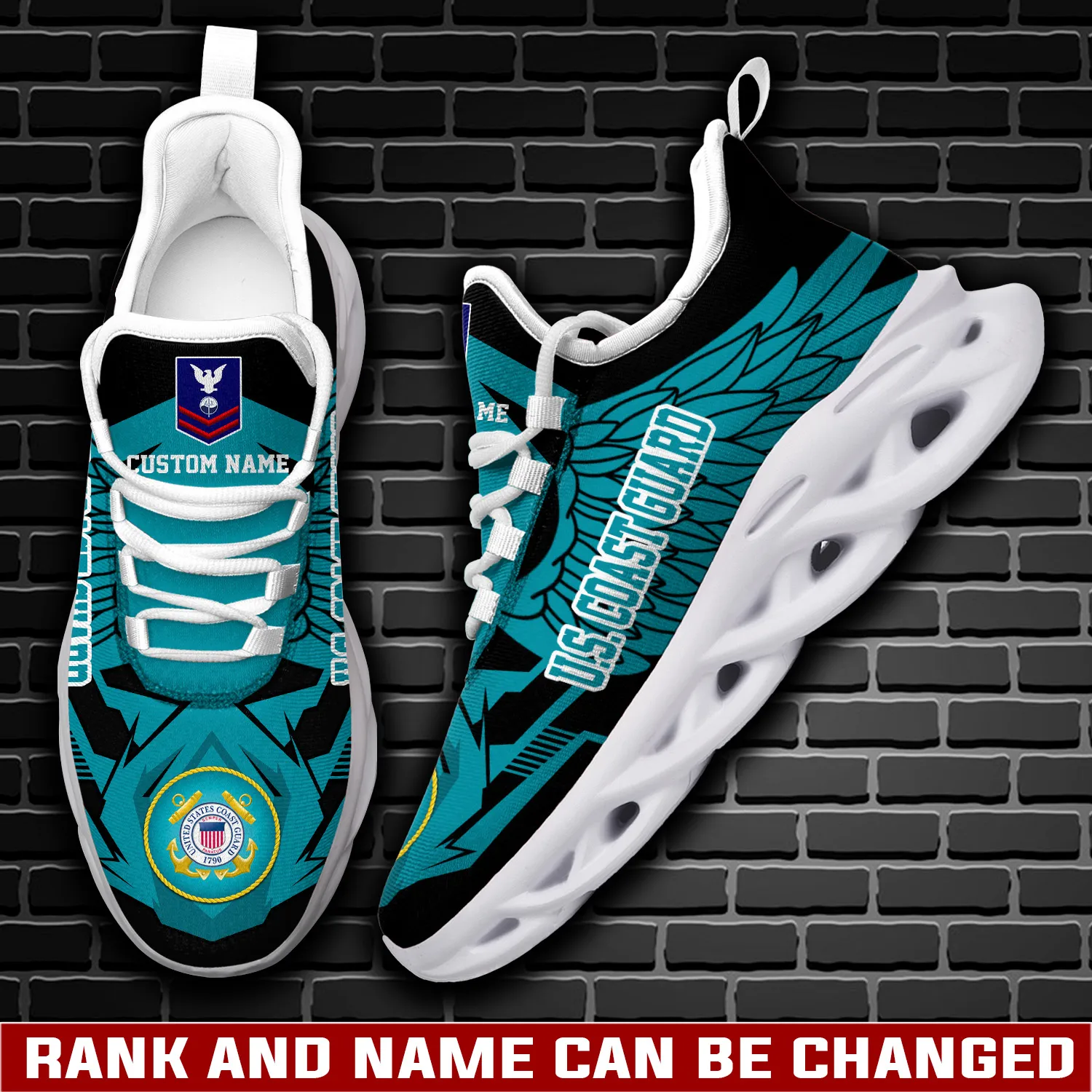 US Coast Guard All Gave Some, Some Gave All Max Soul Shoes, Personalized Name, Rank and Rating, Winged Coastie Sneakers, Military Gift