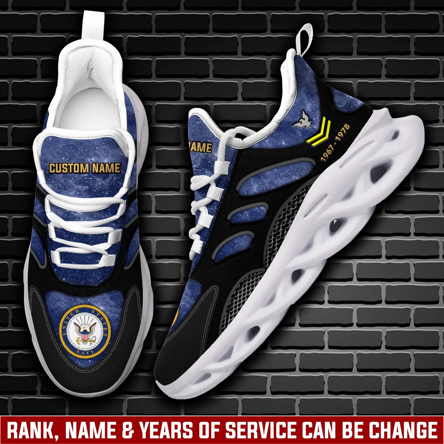 US Navy By Sea, Air and Land Max Soul Shoes, Personalized Rating, Rank, Name and Years of Service, Galaxy Veteran Walking Sneakers, Gift