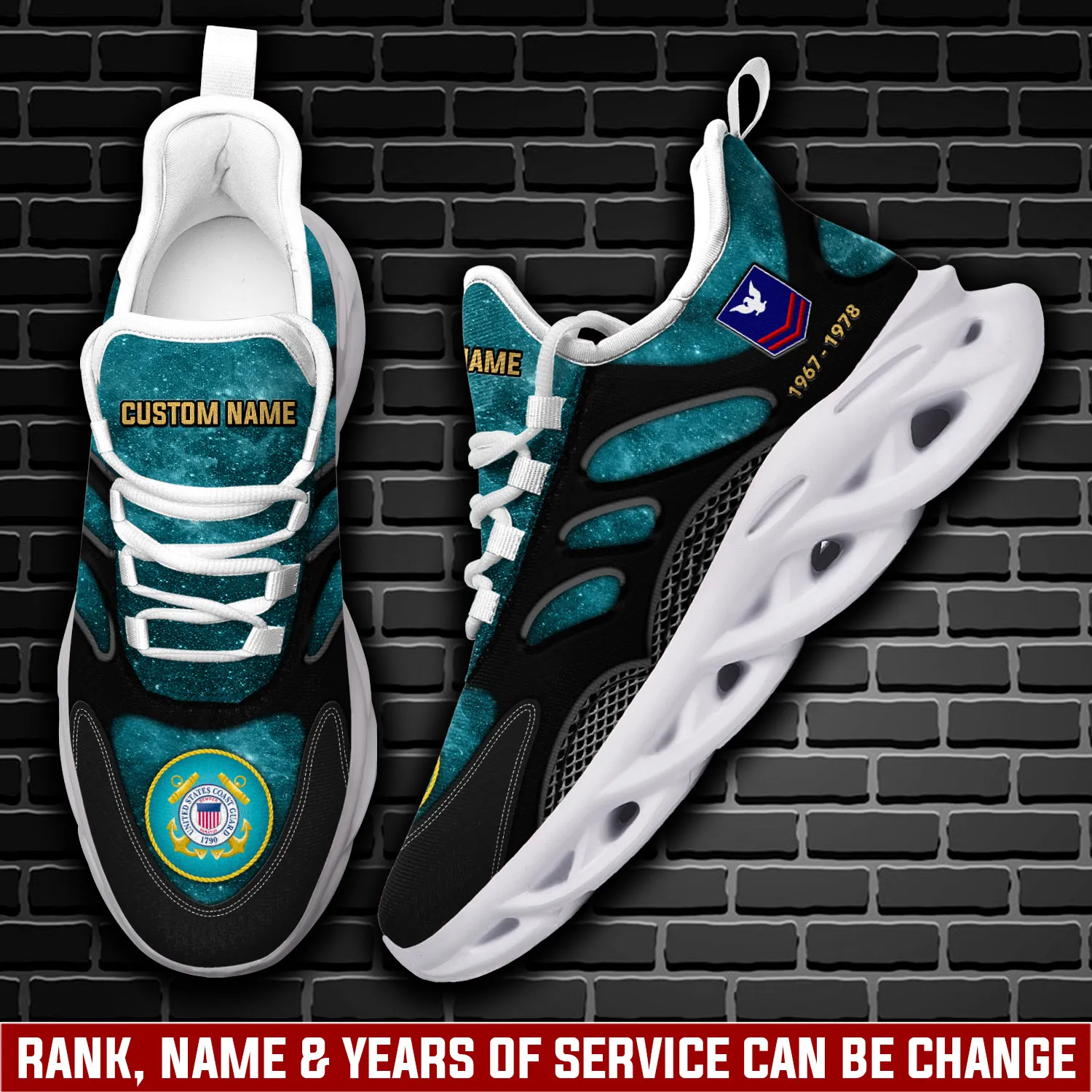 US Coast Guard E-5 Gold Max Soul Shoes, Personalized Rating, Rank, Name and Years of Service, Galaxy Coastie Sneakers, Military Gift