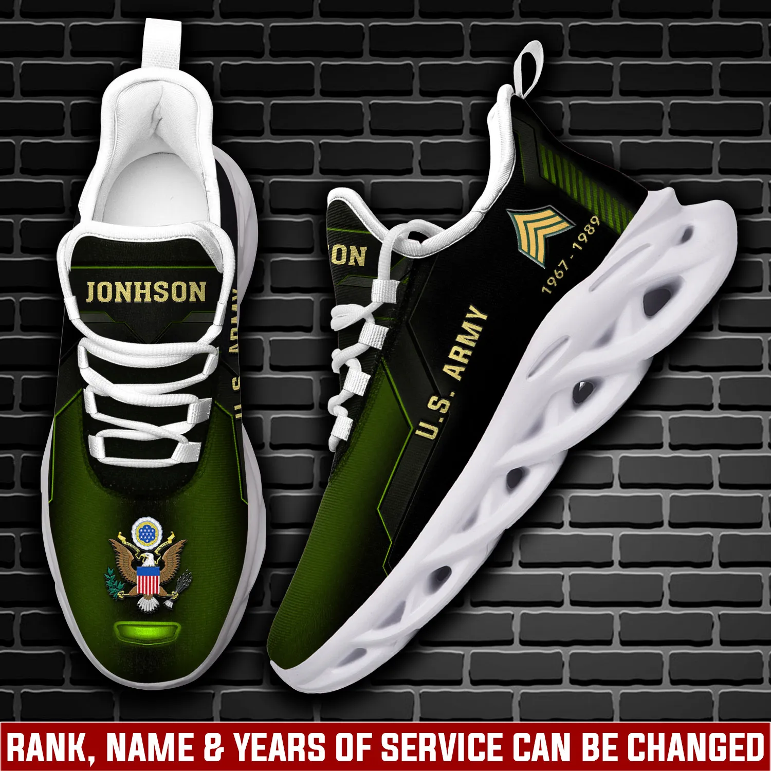 Personalized US Army E-6 Army Staff Sergeant Max Soul Shoes, Custom Name Rank and Years of Service Black Olive Green Veteran Sneakers