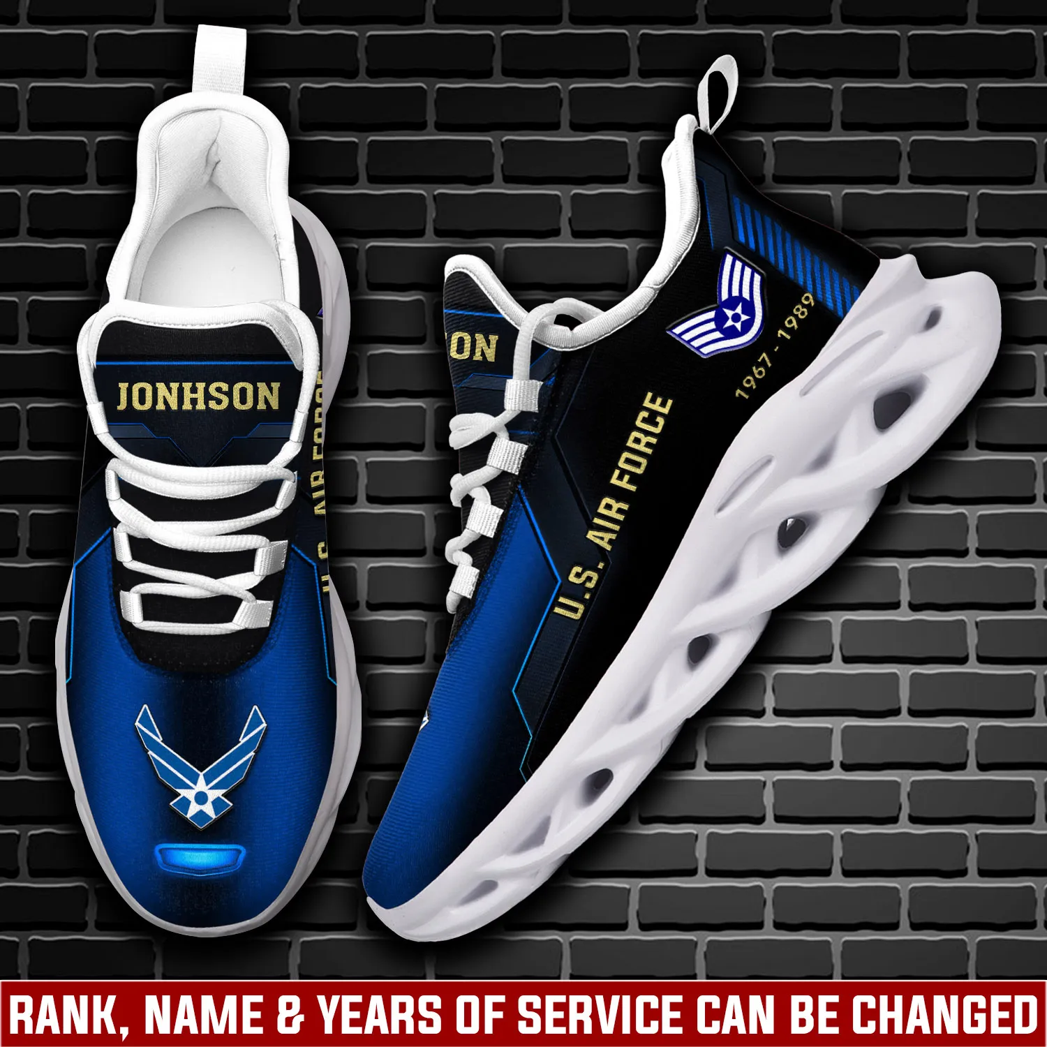 US Air Force Proud Veteran Max Soul Shoes, Personalized Rank, Name and Years of Service, USAF Airman Lace-Up Sneakers, Military Gift for Him