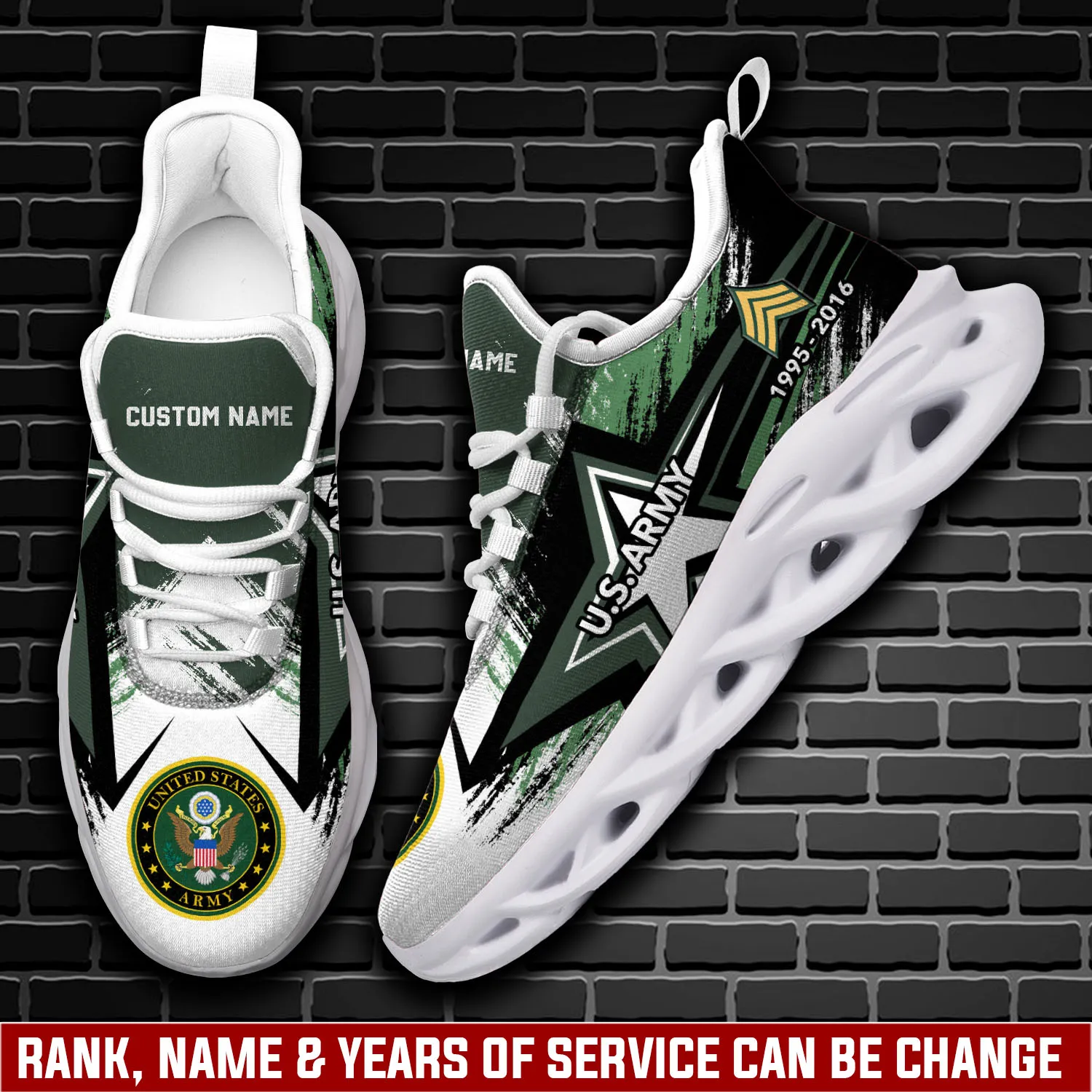 Personalized US Army E-9 Army Command Sergeant Major Max Soul Shoes, Custom Name Rank and Years of Service Green Star Veteran Sneakers