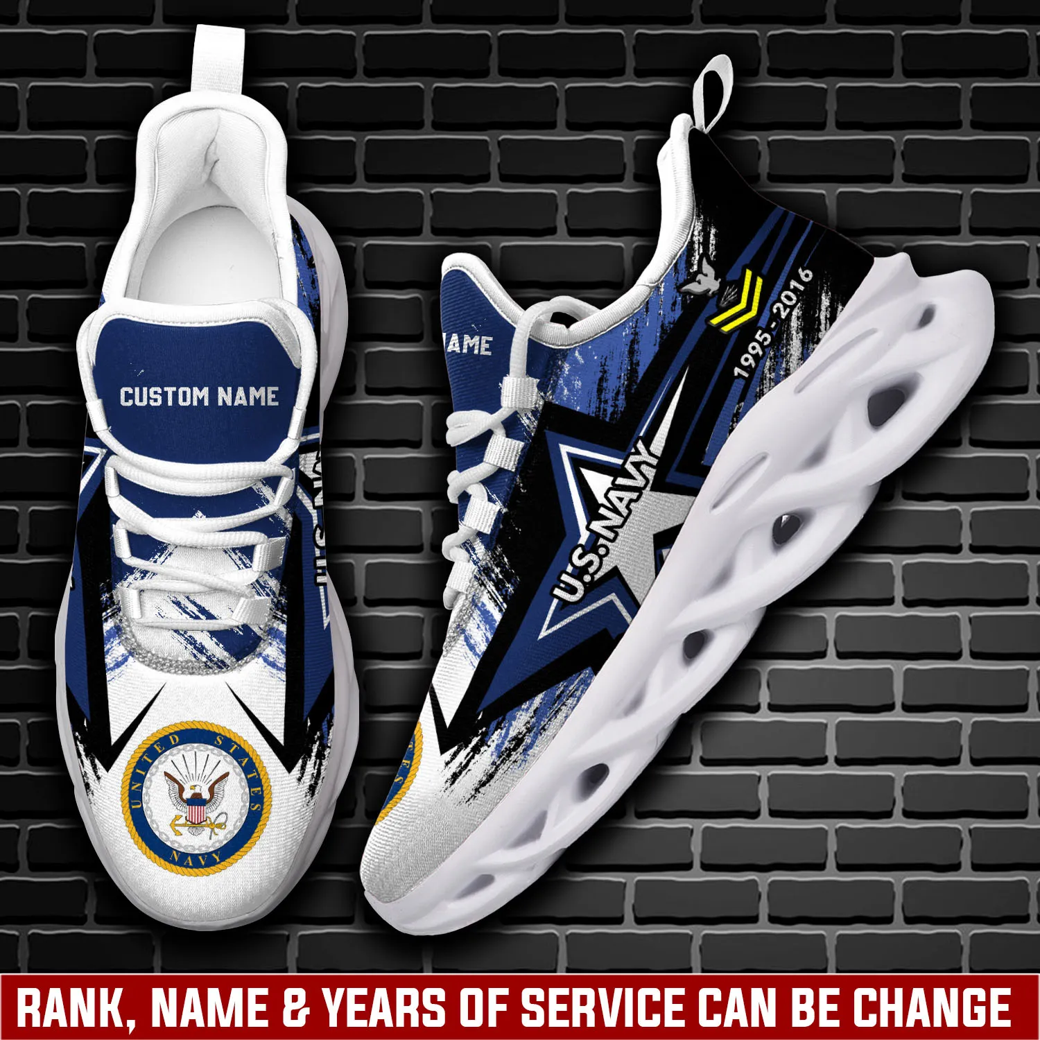 US Navy The Sea Is Ours Max Soul Shoes, Personalized Rating, Rank, Name and Years of Service, Veteran Lace-Up Sneakers, Sailor Gift for Dad