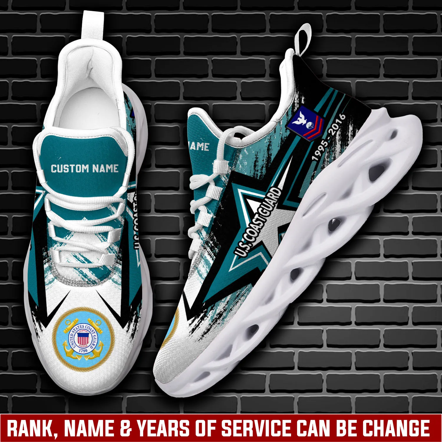 US Coast Guard Proud Veteran Max Soul Shoes, Personalized Rating, Rank, Name and Years, Coastie Lace-Up Sneakers, Military Gift for Dad