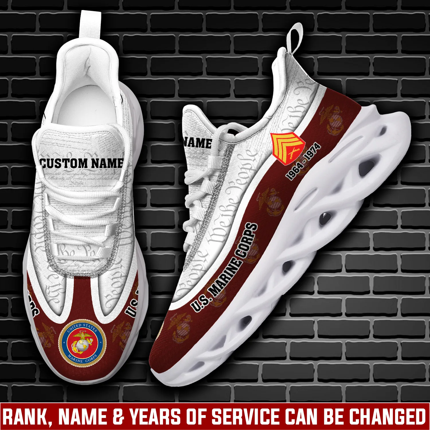 US Marine Corps Never Retreat, Never Surrender Max Soul Shoes, Personalized Rank, Name and Years, USMC Veteran Sneakers, Military Gift