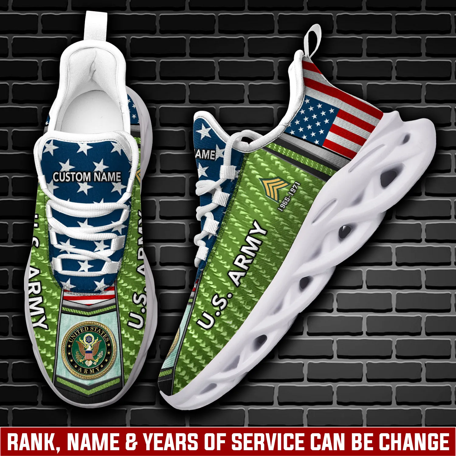 US Army E-3 Private First Class Max Soul Shoes, Personalized Rank Name and Years of Service, American Flag Soldier Sneakers, Veteran Gift