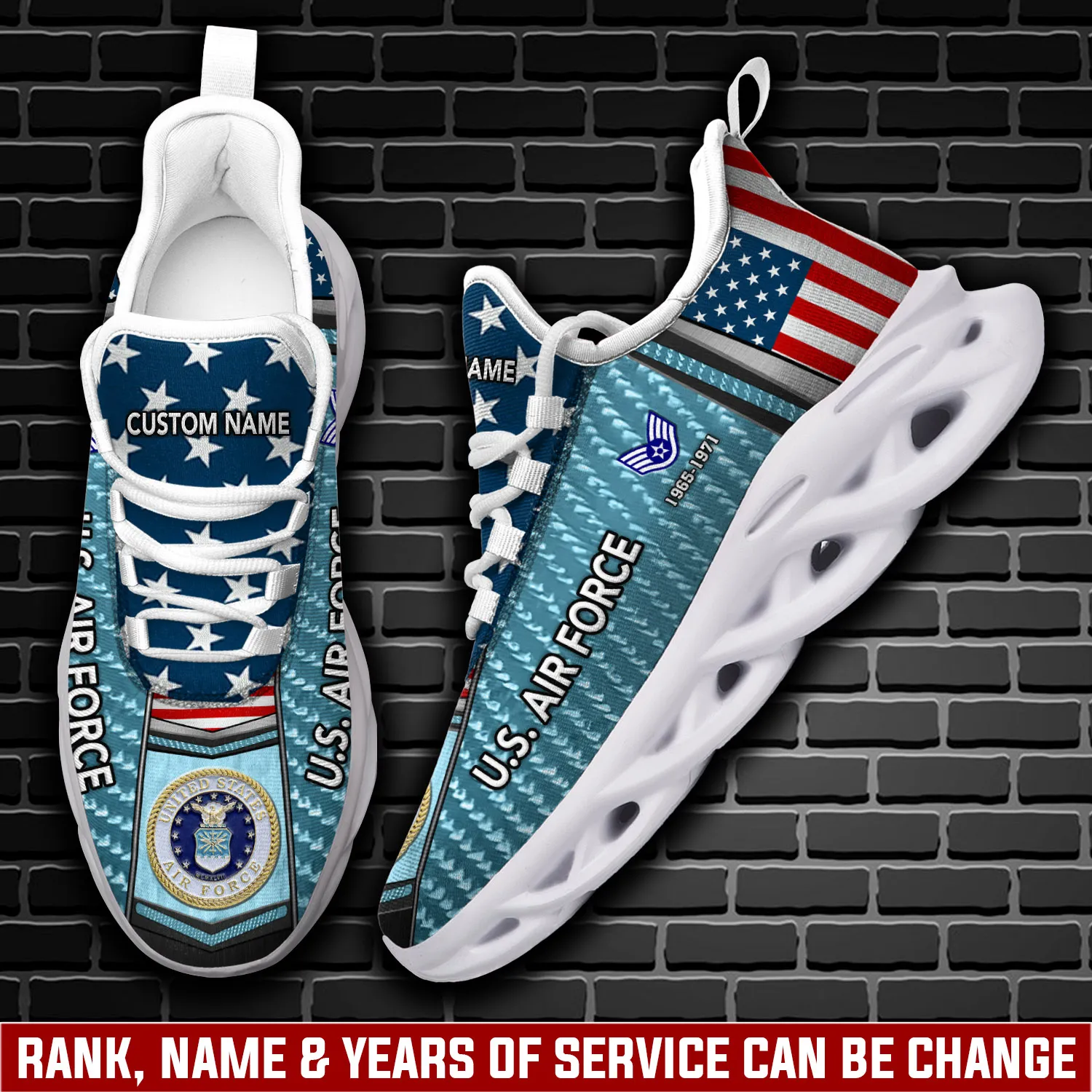 US Air Force We Own The Sky Max Soul Shoes, Personalized Rank Name and Years of Service, American Flag Airman Sneakers, Veteran Gift for Him