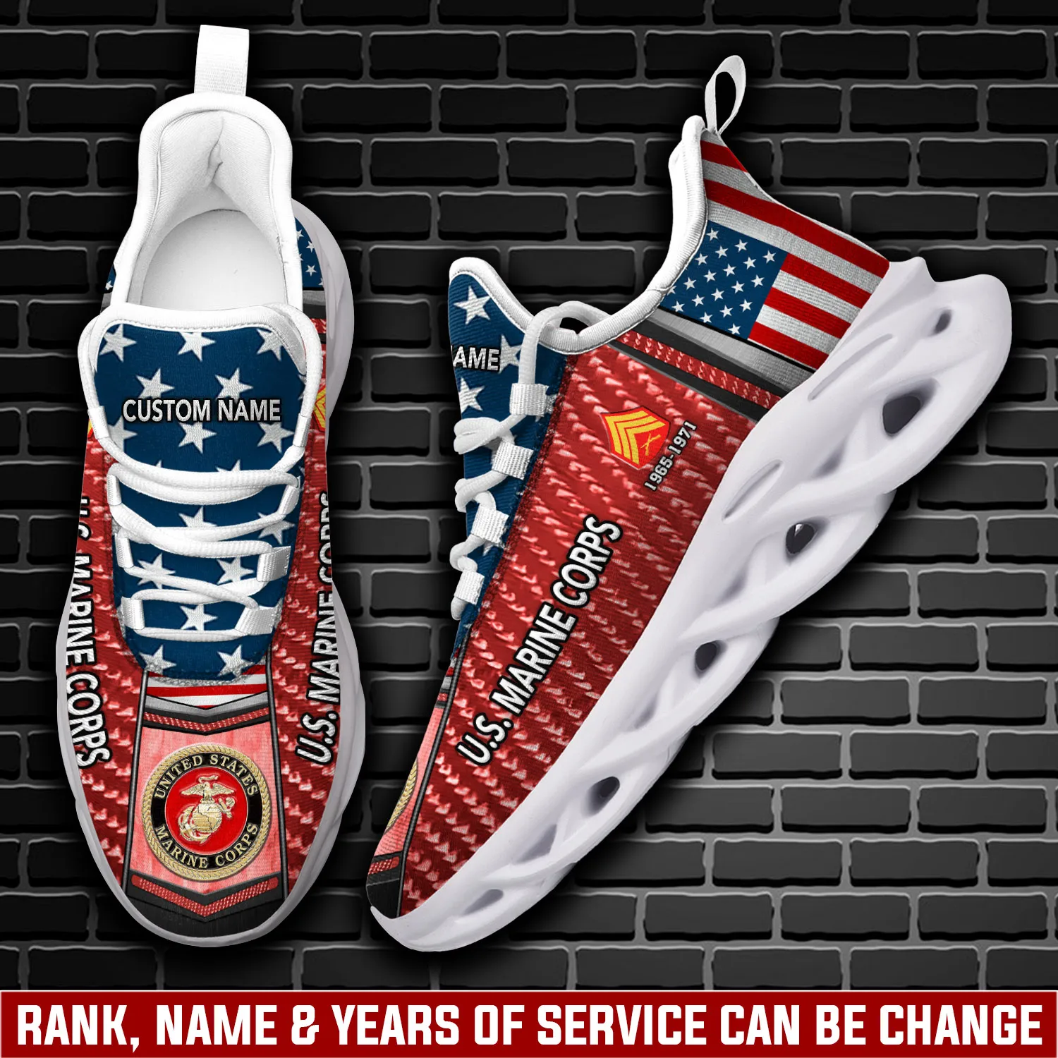 US Marine Corps Defender of Freedom Max Soul Shoes, Personalized Rank Name and Years of Service, American Flag Veteran Sneakers, Gift for Dad