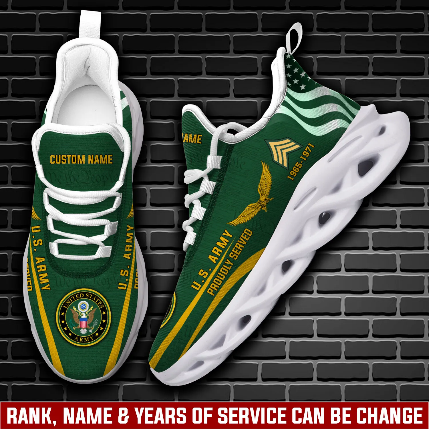 Personalized US Army This We'll Defend Max Soul Shoes, Custom Name Rank and Years of Service Green Gold Veteran Sneakers, Proudly Served Gift