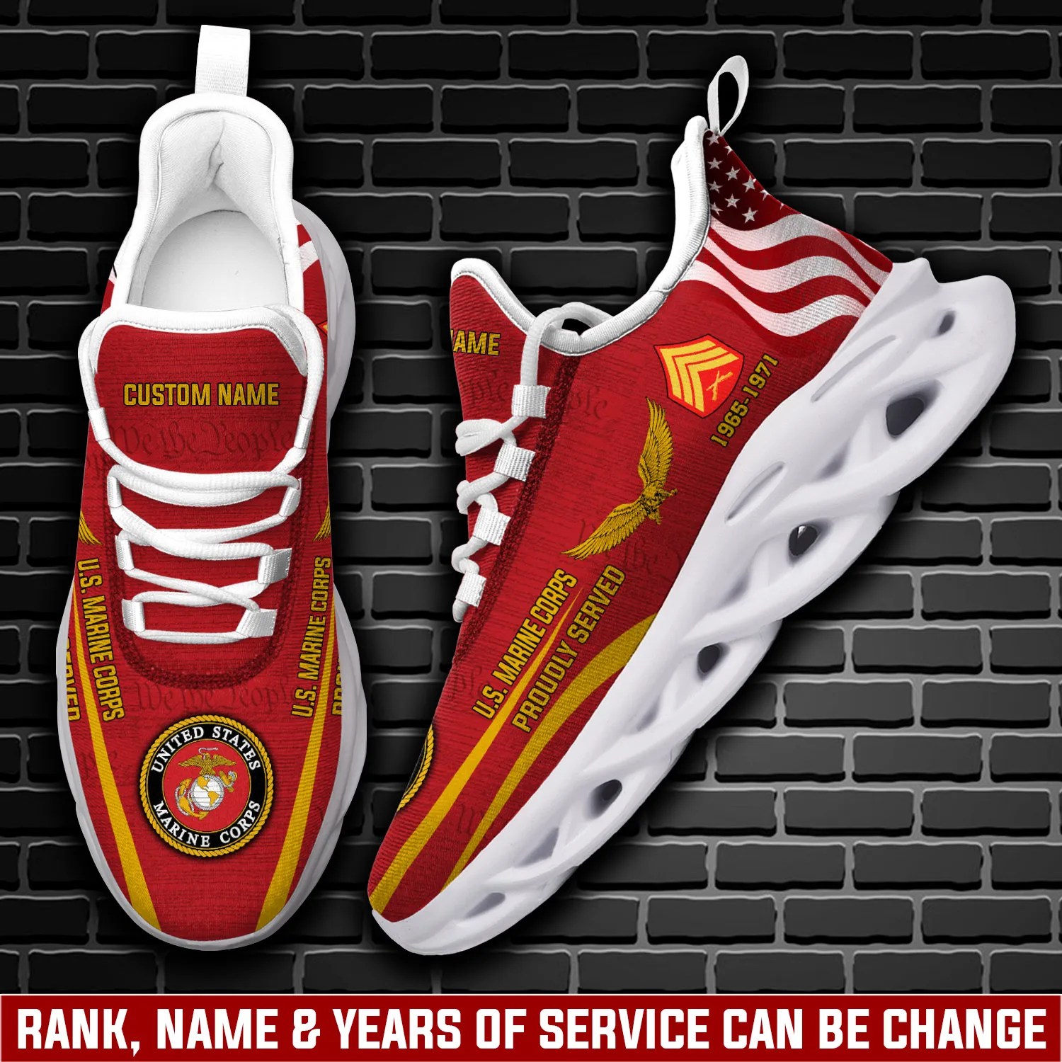 US Marine Corps Freedom Over Fear Max Soul Shoes, Personalized Rank Name and Years of Service, Proudly Served Red Veteran Sneakers, Military Gift