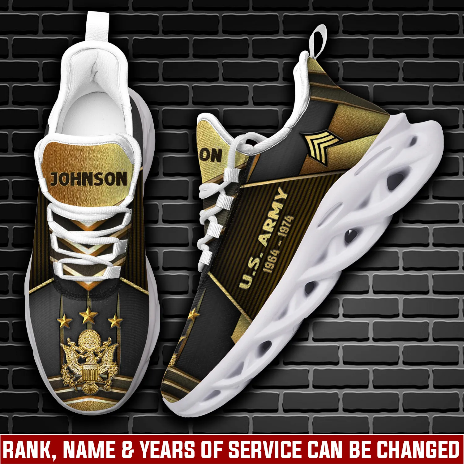 US Army E-5 Specialist Max Soul Shoes, Personalized Rank, Custom Name and Years of Service, Black and Gold Veteran Sneakers, Soldier Gift