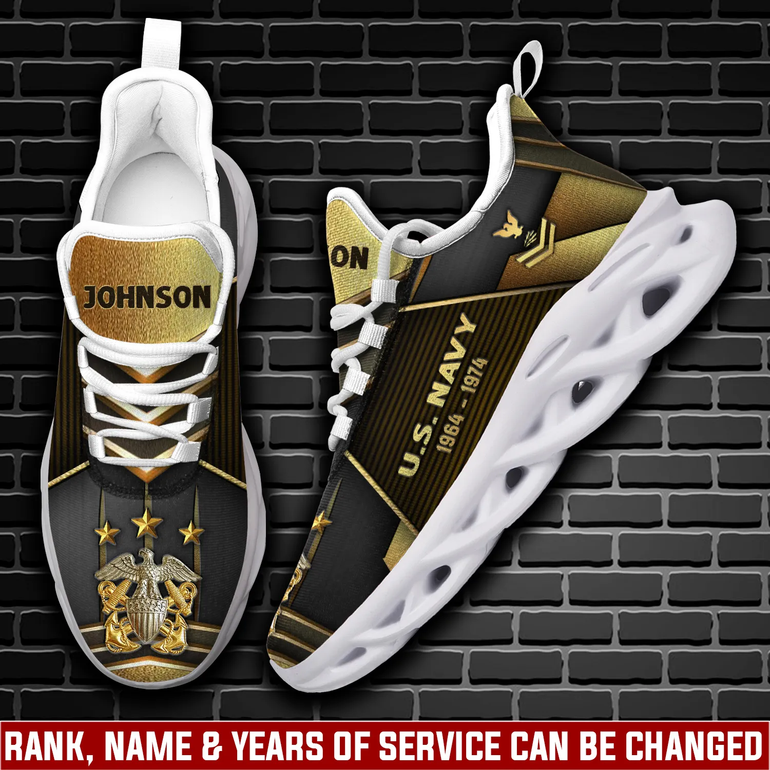 US Navy E-3 White Max Soul Shoes, Personalized Rating Rank Custom Name and Years of Service, Black Gold Sailor Sneakers, Veteran Gift for Dad