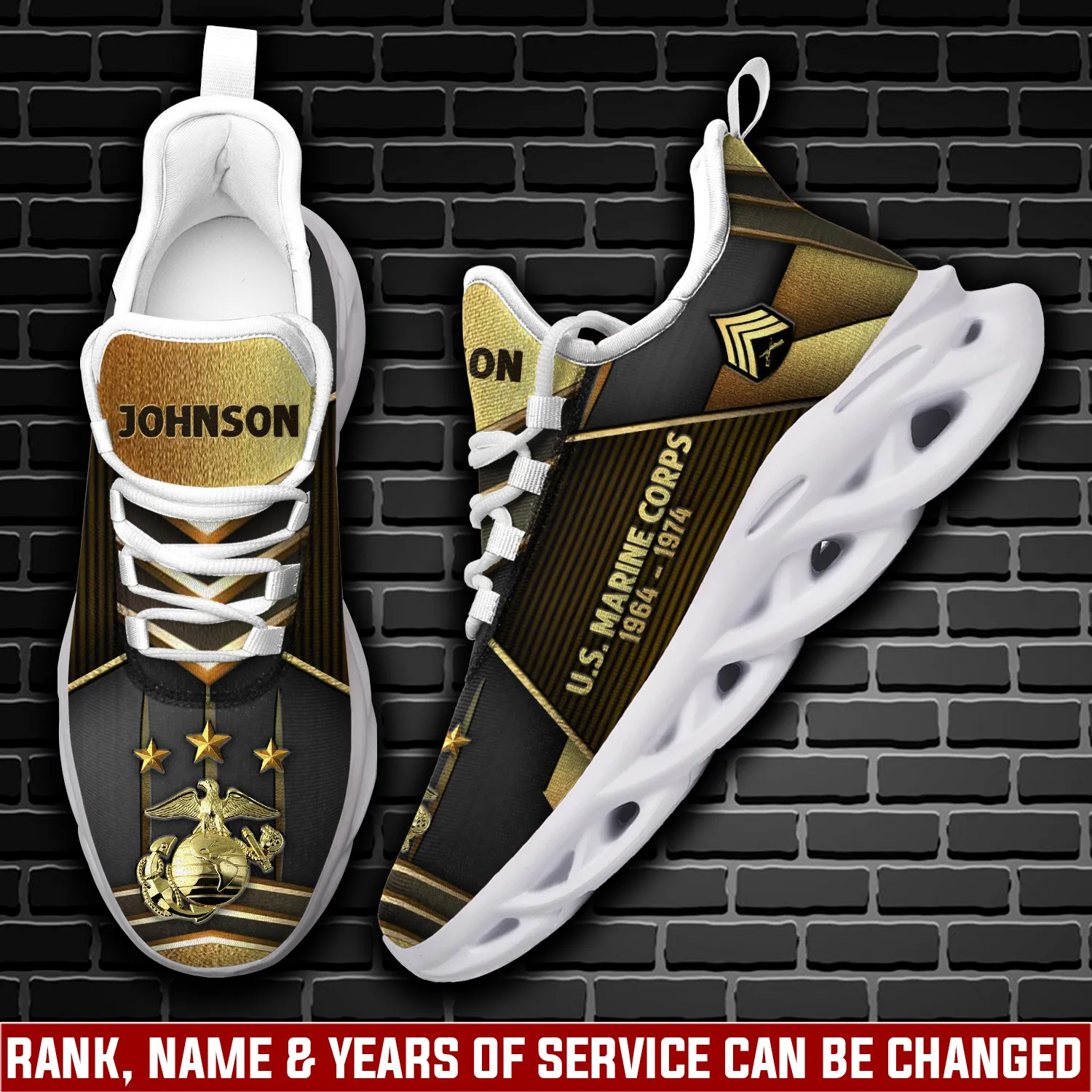 US Marine Corps Lest We Forget Max Soul Shoes, Personalized Rank Name and Years of Service, Black Gold Veteran Sneakers, Military Gift for Dad