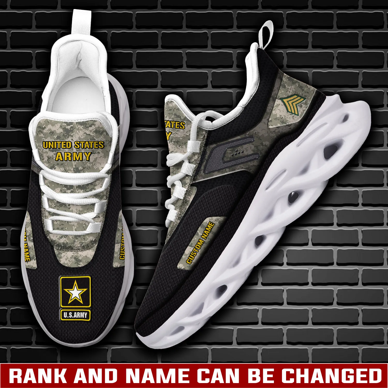 US Army E-9 Sergeant Major Max Soul Shoes, Personalized Rank and Custom Name, Digital Camo Soldier Sneakers, Veteran Gift for Dad and Grandpa