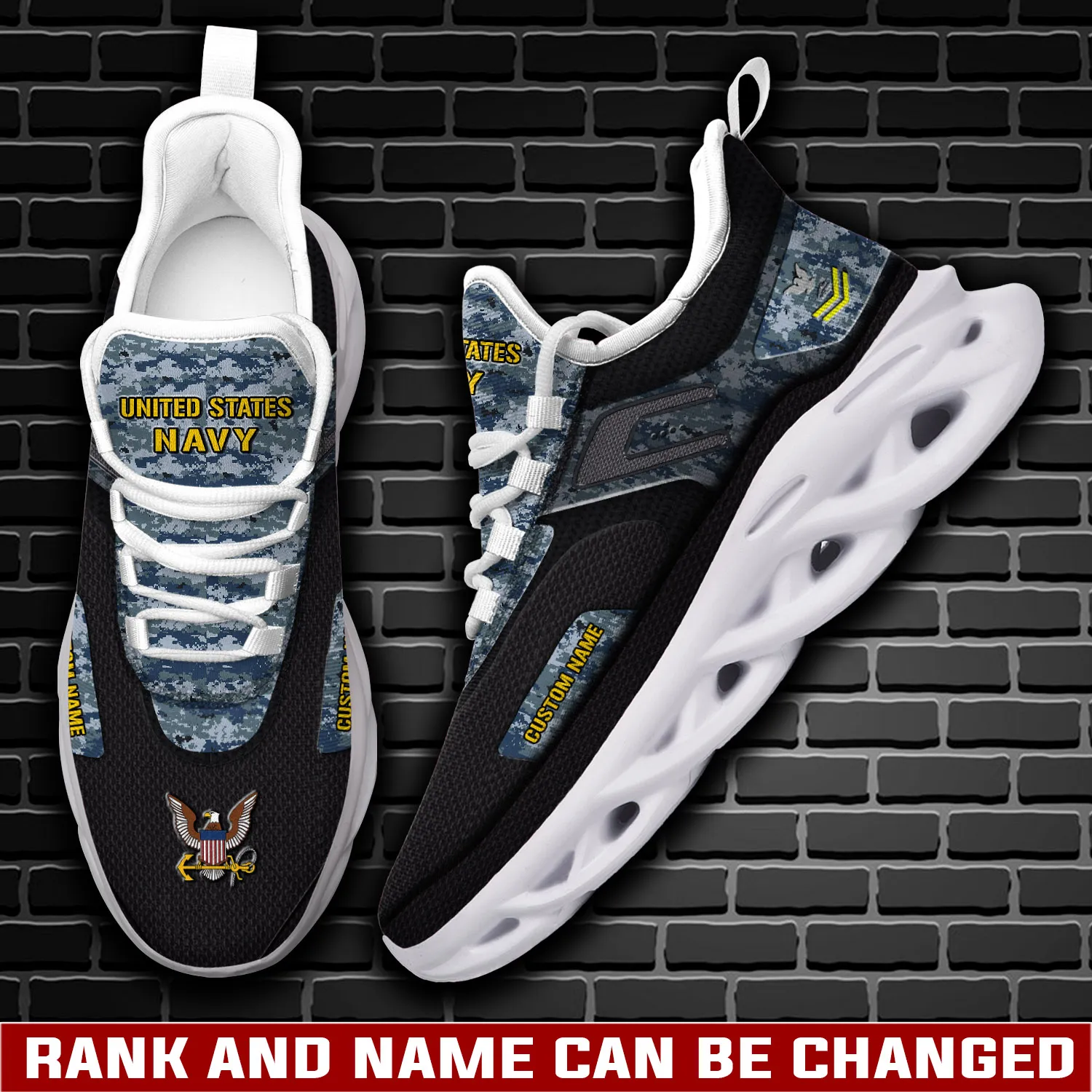 US Navy I Walked The Walk Max Soul Shoes, Personalized Rating Rank and Custom Name, Blue Digital Camo Sailor Sneakers, Veteran Gift for Him
