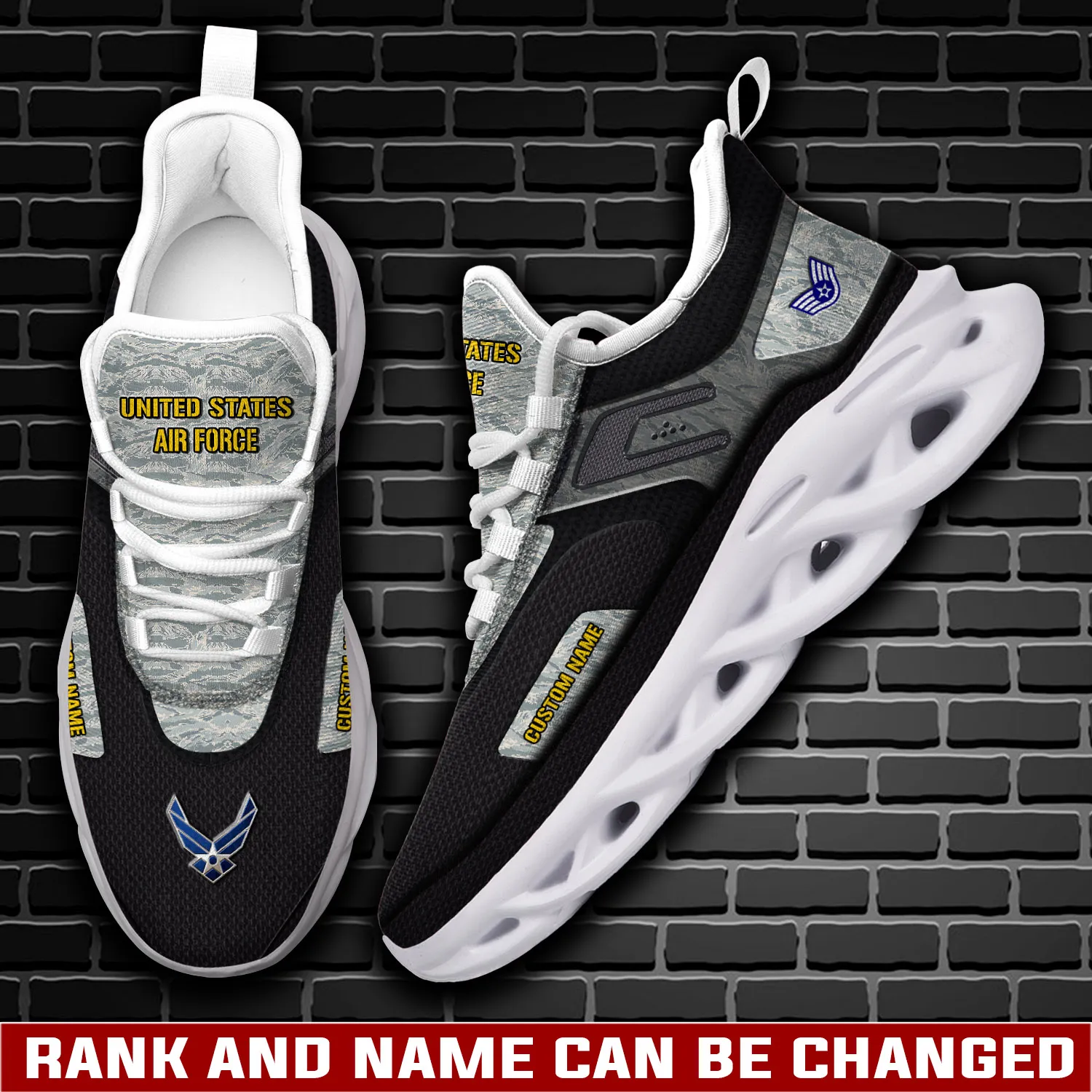 US Air Force E-7 Master Sergeant Max Soul Shoes, Personalized Rank and Custom Name, Tiger Stripe Camo Airman Sneakers, Veteran Gift for Dad