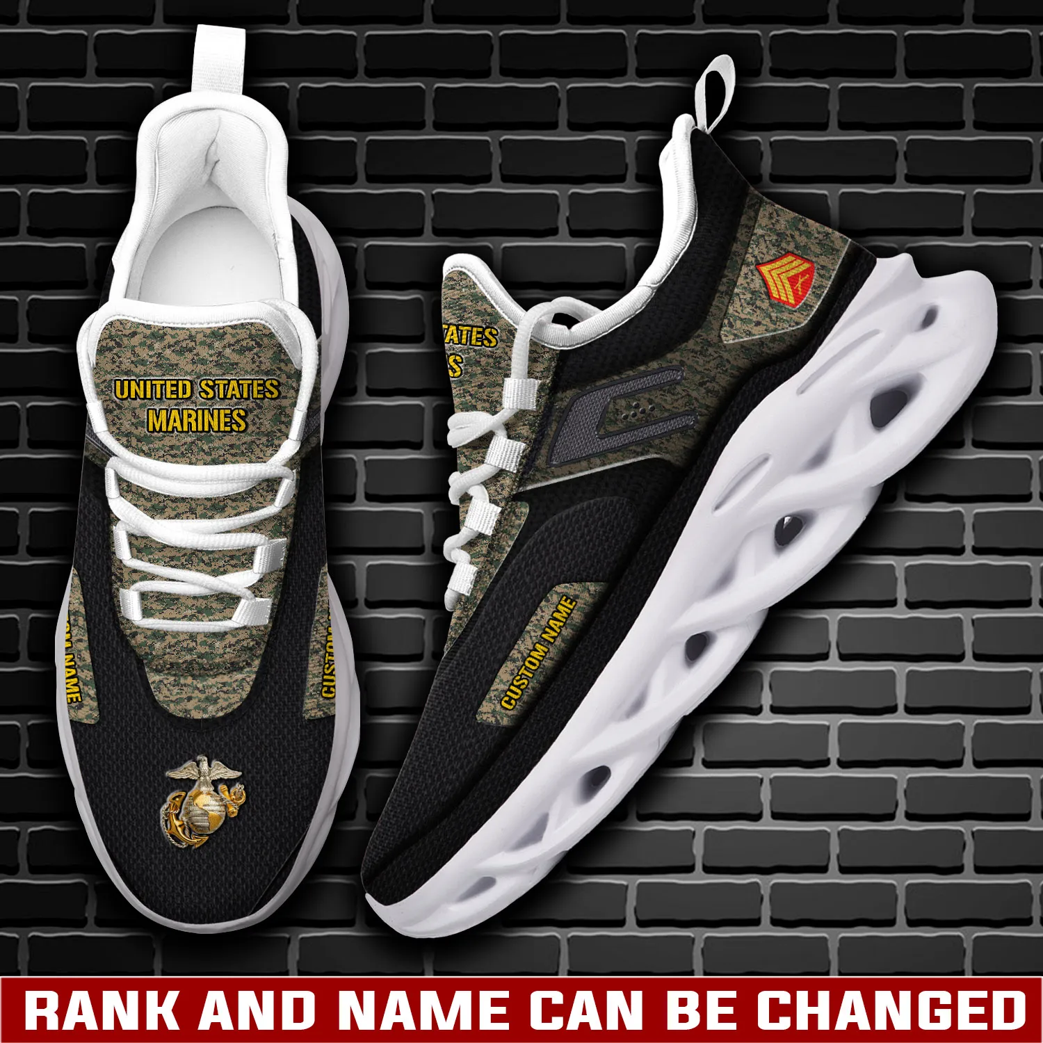 US Marine Corps Duty Honor Country Max Soul Shoes, Personalized Rank and Custom Name, Woodland Digital Camo Veteran Sneakers, Military Gift
