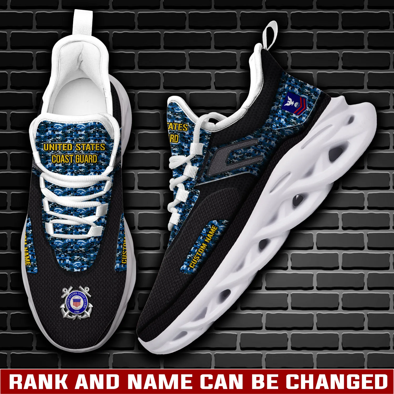 US Coast Guard No One Fights Alone Max Soul Shoes, Personalized Rating Rank and Custom Name, Ocean Camo Coastie Sneakers, Veteran Gift for Dad