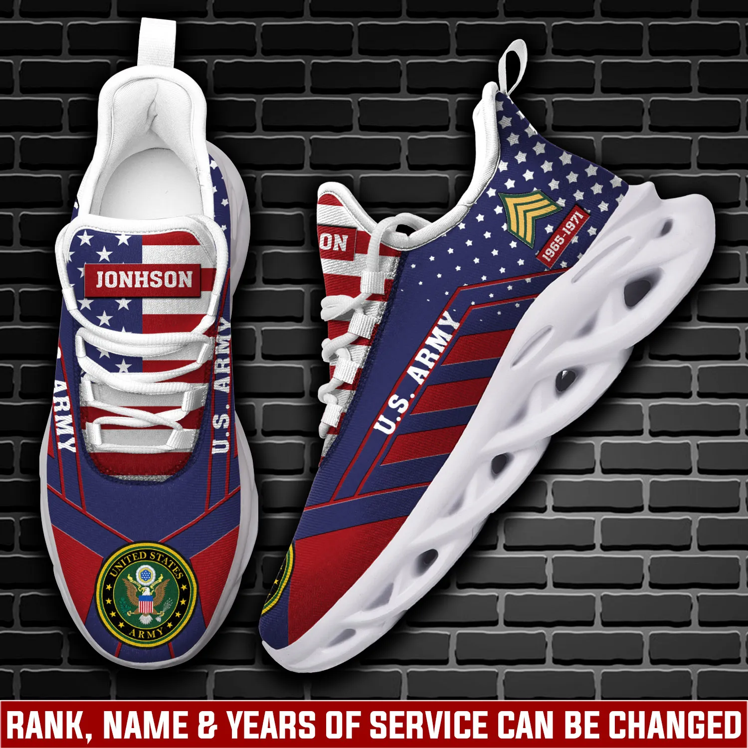 US Army Land Of The Free Because Of The Brave Max Soul Shoes, Personalized Rank and Custom Name, Stars and Stripes Veteran Sneakers, Soldier Gift