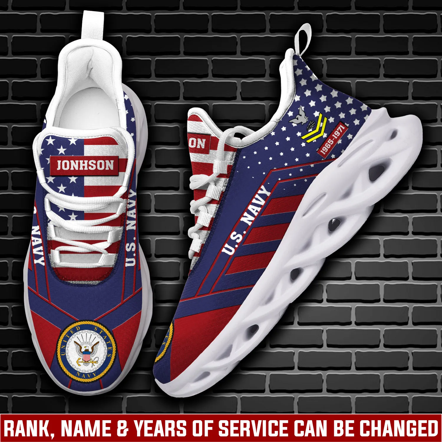US Navy Anchors Aweigh Max Soul Shoes, Personalized Rating Rank Name and Years of Service, Stars and Stripes Sailor Sneakers, Veteran Gift