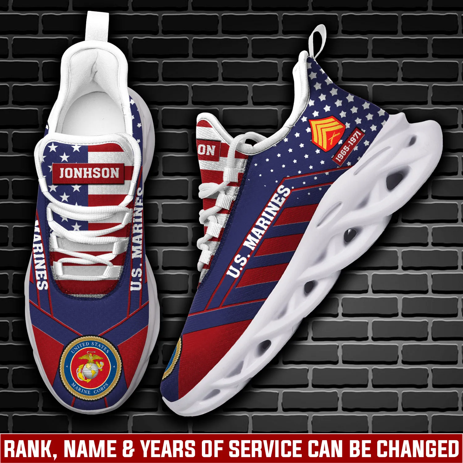 US Marine Corps The Few The Proud Max Soul Shoes, Personalized Rank Name and Years of Service, Stars and Stripes Veteran Sneakers