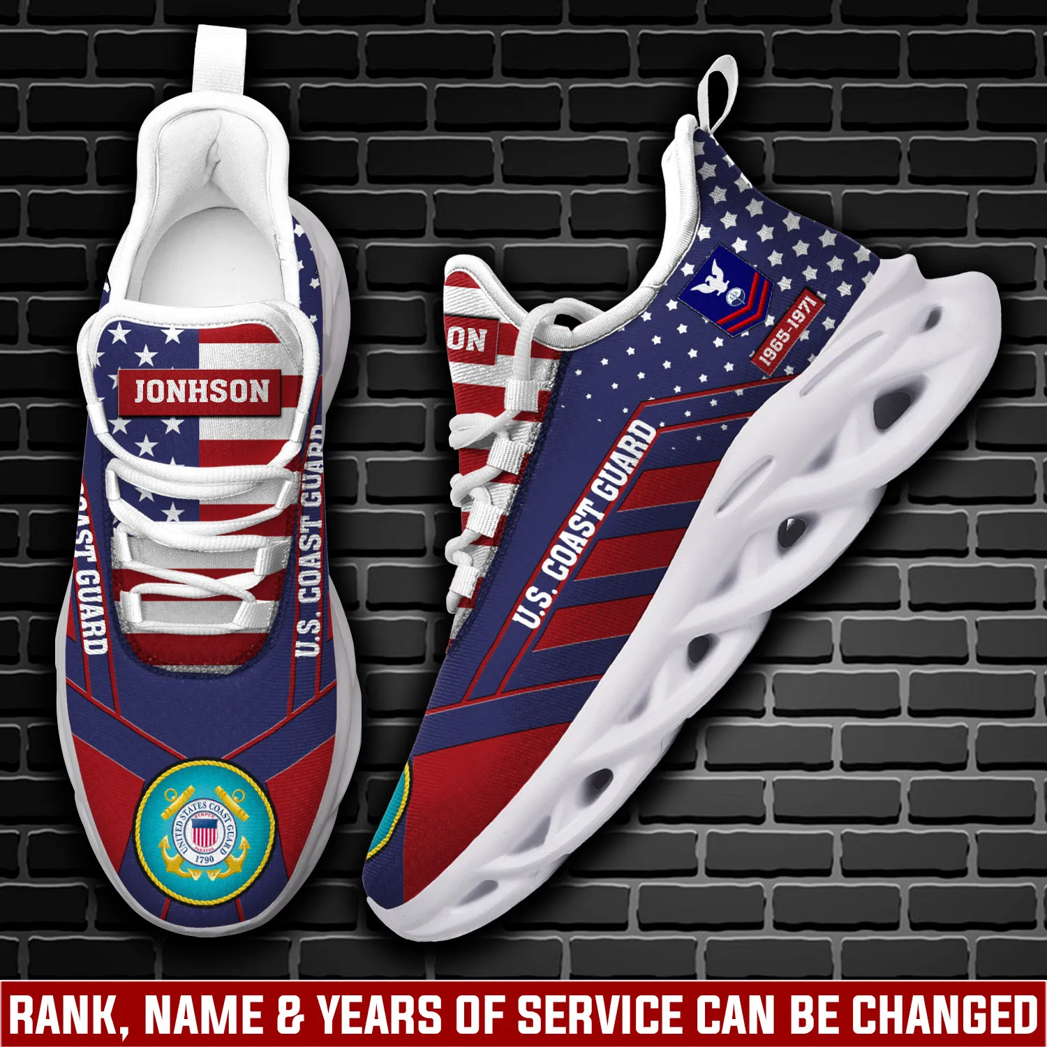 US Coast Guard Once A Coastie Always A Coastie Max Soul Shoes, Personalized Rank and Custom Name, Stars and Stripes Veteran Sneakers
