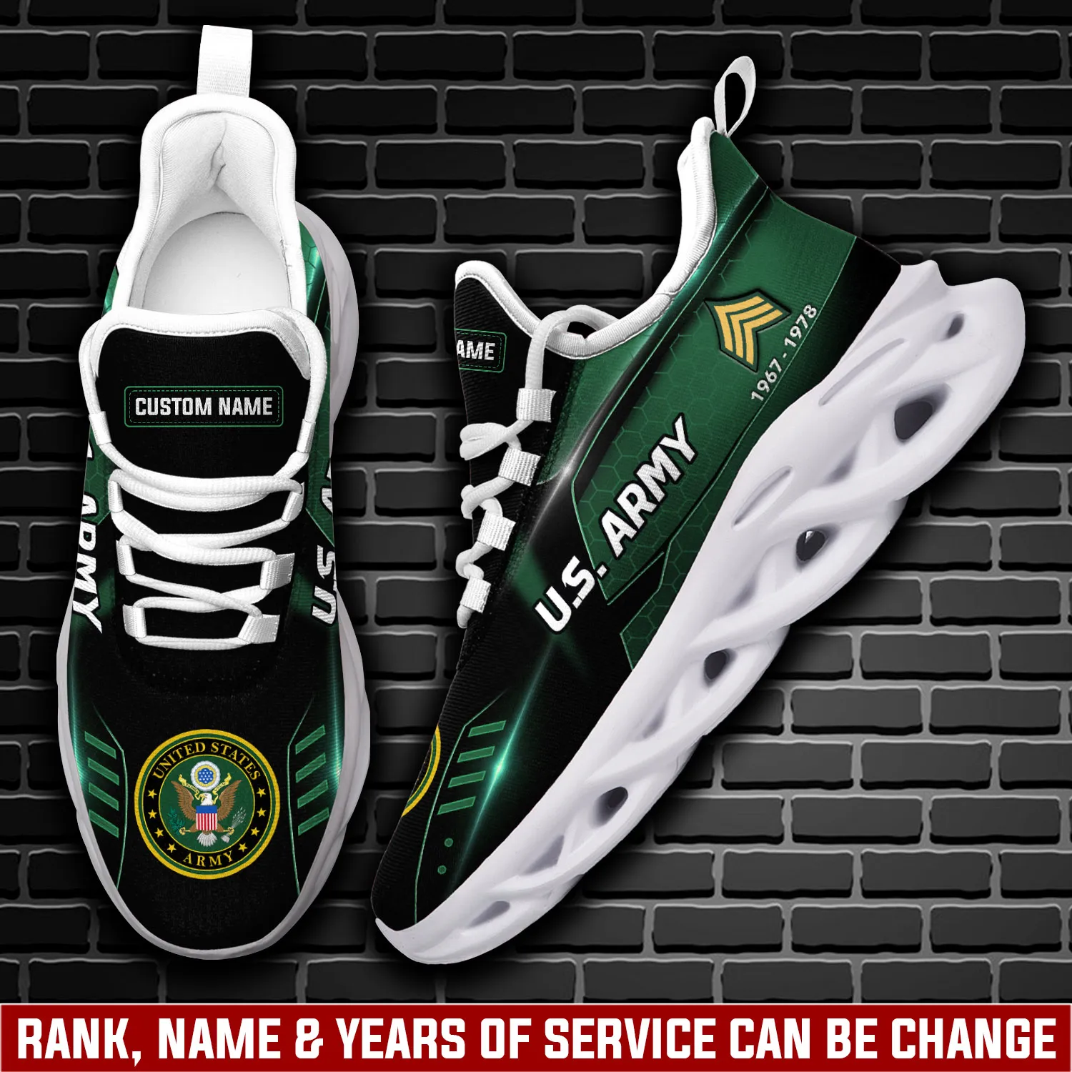 US Army No One Gets Left Behind Max Soul Shoes, Personalized Custom Name Black and Green Sneakers, Military Veteran Gift for Him