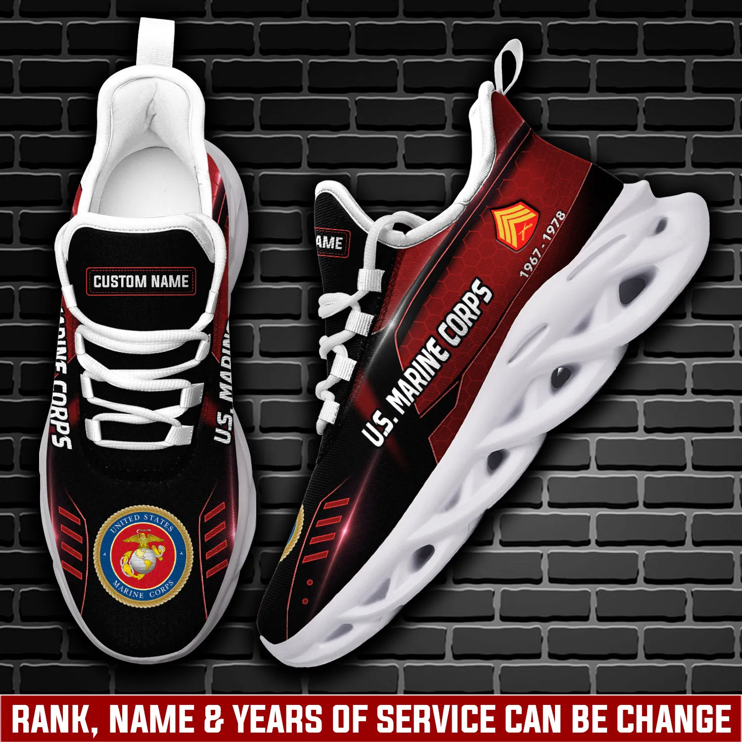 US Marine Corps The Devil Dogs Max Soul Shoes, Personalized Rank, Custom Name and Years of Service, Veteran Sneakers, USMC Gift