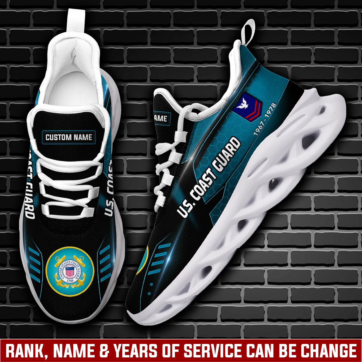 US Coast Guard E-9 Gold Max Soul Shoes, Personalized Rating Rank Name and Years of Service, Coastie Veteran Sneakers, USCG Gift for Dad