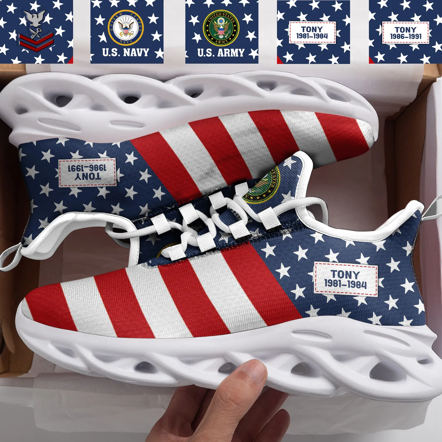 US Army Navy Max Soul Shoes with Custom Name, American Flag Veteran Sneakers, Dual Service Military Gift for Dad and Grandpa