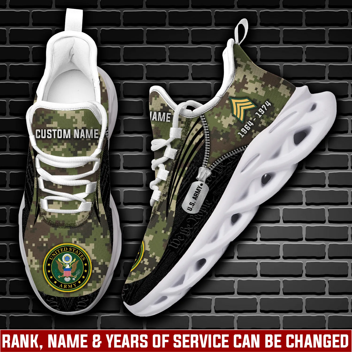 US Army No One Gets Left Behind Max Soul Shoes, Personalized Rank and Name, Woodland Camo Veteran Sneakers, Dog Tag Design, Gift for Dad