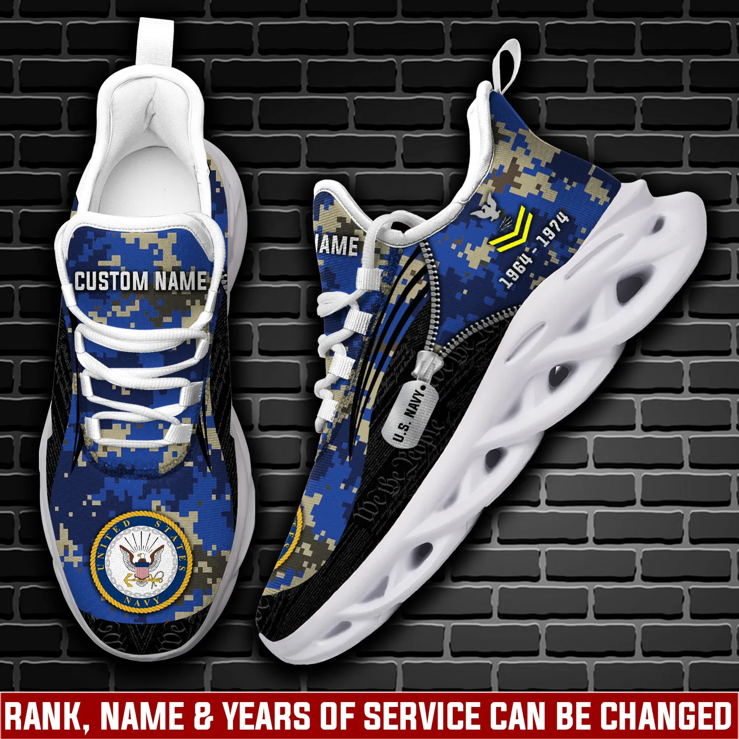 US Navy E-6 Gold Max Soul Shoes, Personalized Rating Rank and Custom Name, Dark Blue Camo Veteran Sneakers, Dog Tag Design, Gift for Him