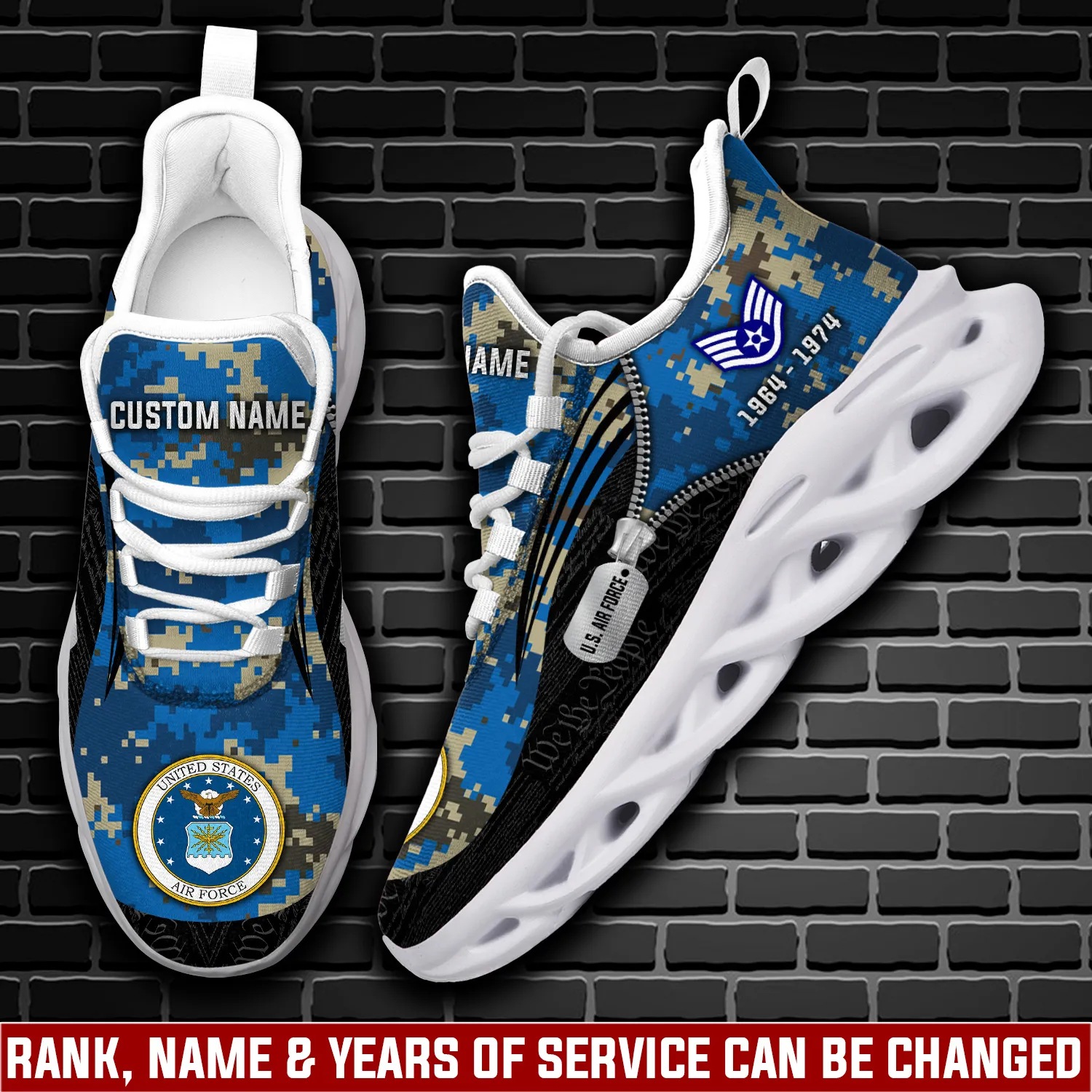 US Air Force Proud To Have Served Max Soul Shoes, Personalized Rank and Name, Blue Digital Camo Veteran Sneakers, Dog Tag Design