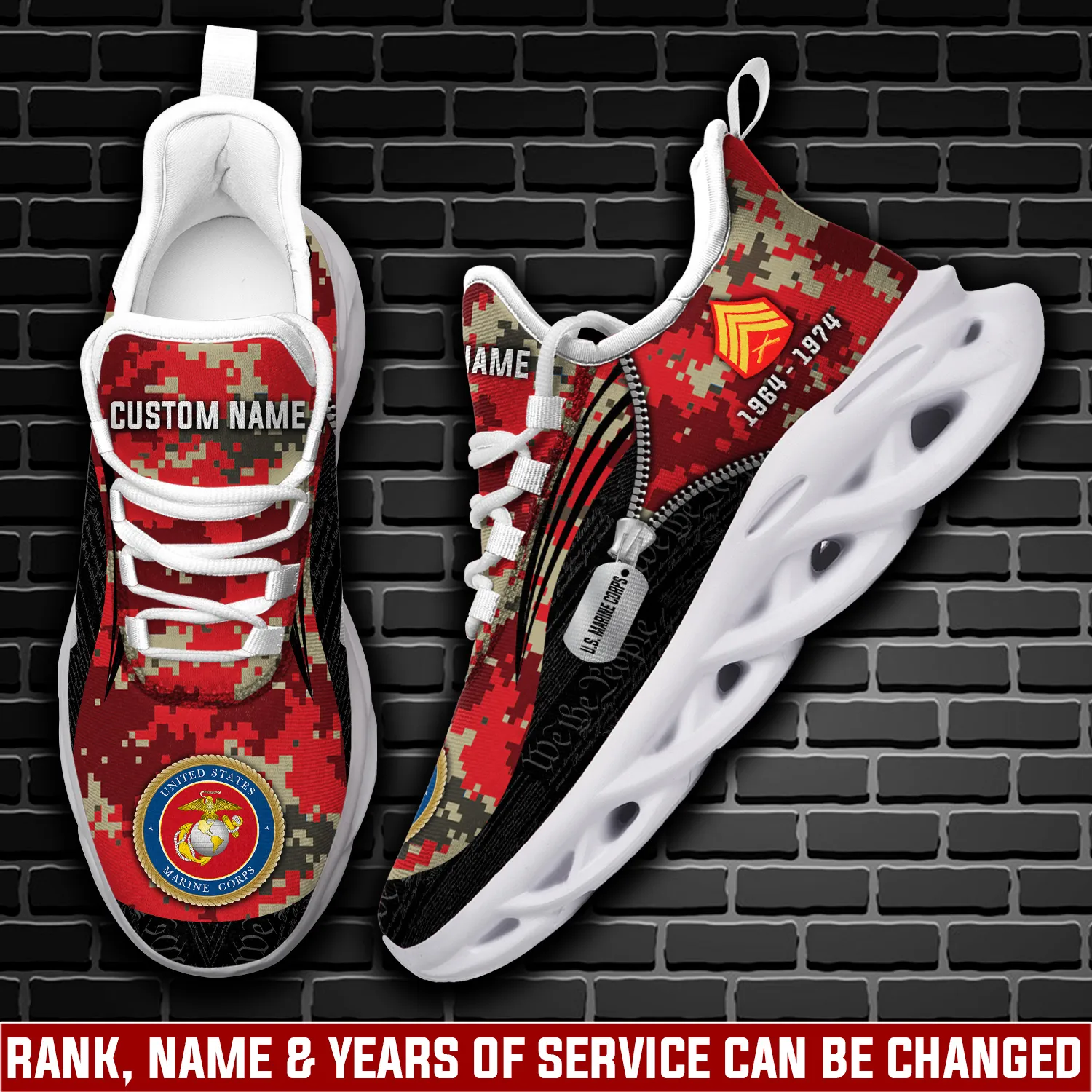 US Marine Corps E-6 Marines Staff Sergeant Max Soul Shoes, Custom Name and Years of Service, Red Camo Veteran Sneakers, Dog Tag Design