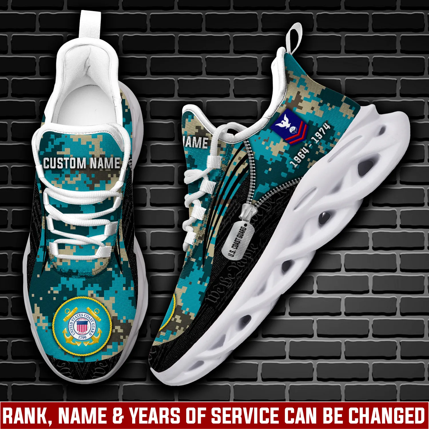 US Coast Guard E-2 White Max Soul Shoes, Personalized Rating Rank and Name, Digital Camo Veteran Sneakers, Dog Tag Design, Coastie Gift