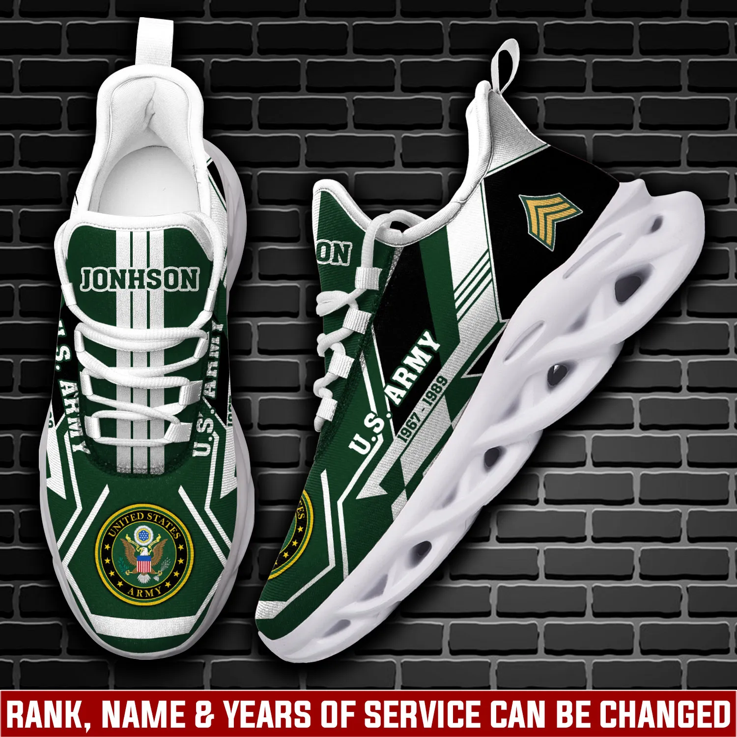 US Army This We'll Defend Max Soul Shoes, Personalized Rank and Custom Name, Green Checkered Veteran Lace-Up Sneakers, Gift for Dad