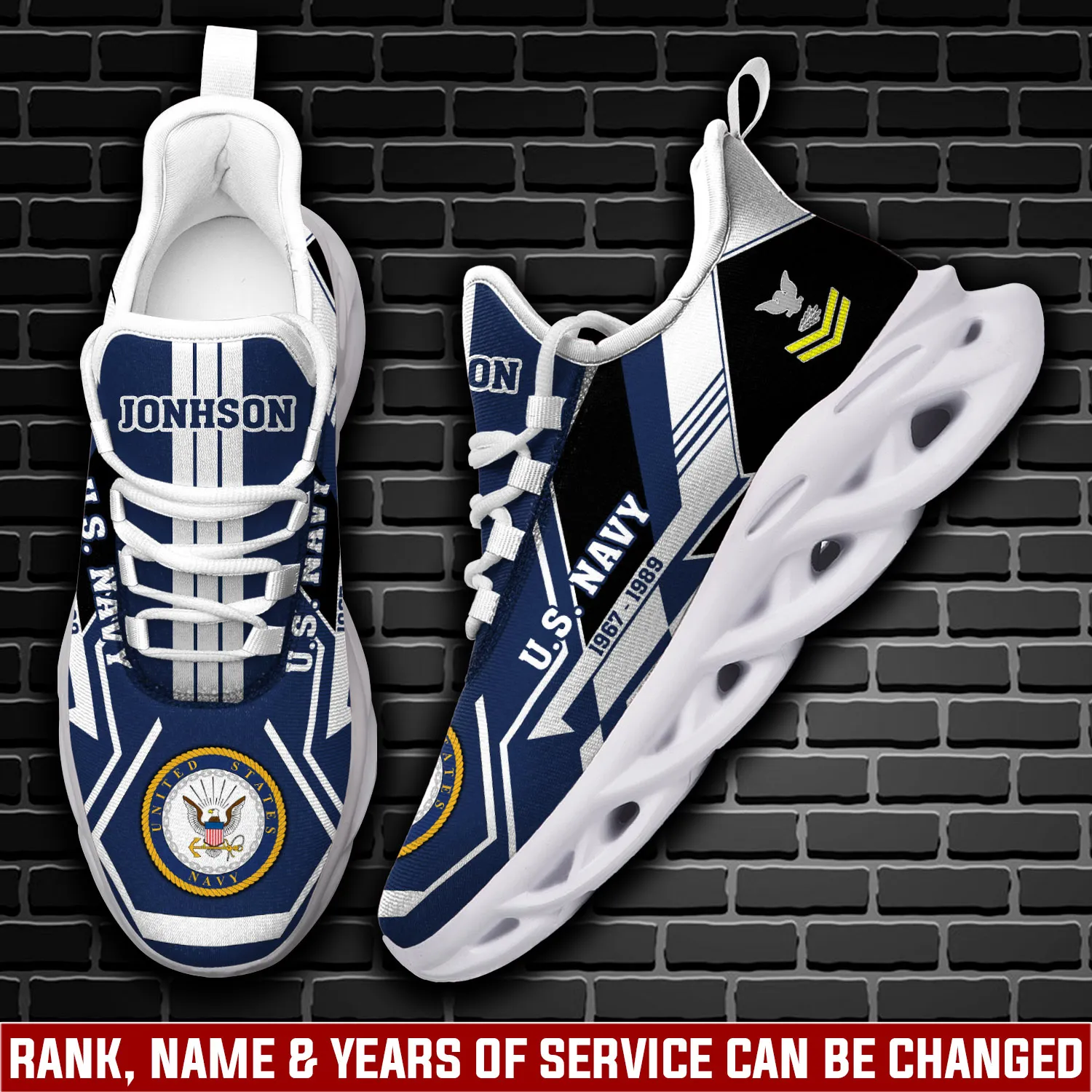 US Navy E-8 Gold Max Soul Shoes, Personalized Rating Rank and Custom Name, Checkered Veteran Running Sneakers, Military Gift for Grandpa
