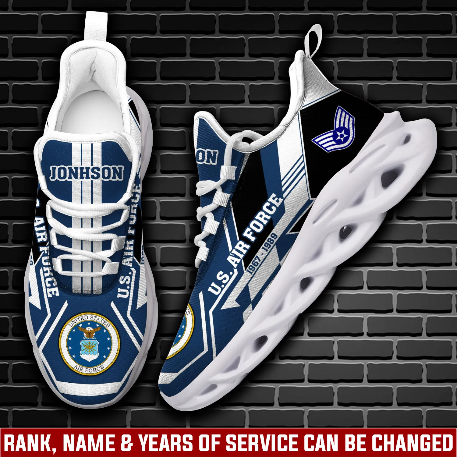 US Air Force O-3 Air Force Captain Max Soul Shoes, Personalized Rank Name and Years, Navy Blue Checkered Veteran Sneakers, Military Gift